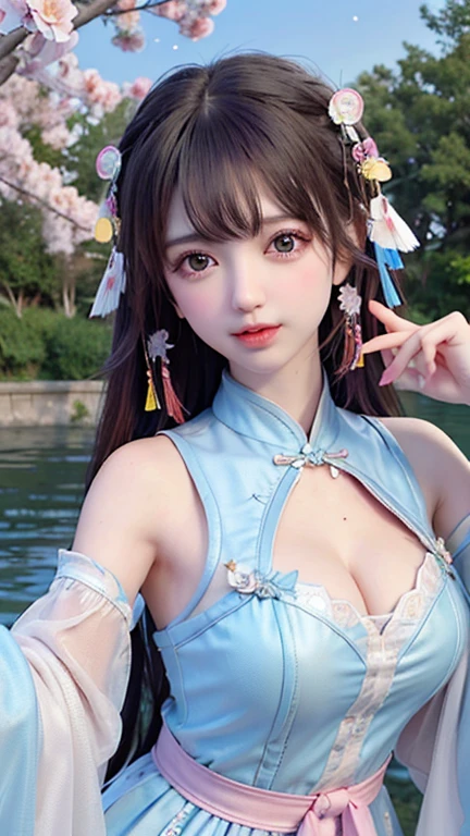 Large breasts、(high quality, masterpiece), One Girl, Twin tails、stop temporarily, particle, Wind, flower, Upper Body, Simple Background, View audience, , milky way,smile、Turquoise Eyes、（Long silver and light blue hair）、Red eyeshadow、Light pink lipstick、flower柄、Pink Sexy Lolita、Braid、Cute earrings、Wind、Crescent Moon、Dynamic pose、Looking up at the sky、Thick thighs、Big Ass