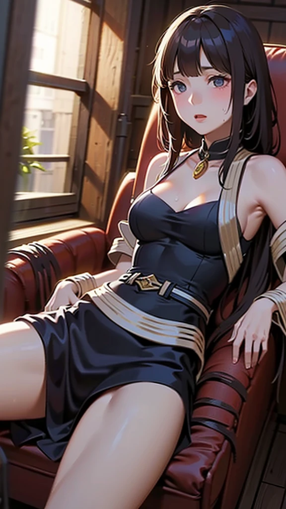 (best quality, ultra HD:1.2), realistic, black-haired woman with captivating, black eyes and an alluring presence. She has a curvaceous figure, characterized by her big breasts and voluptuous hips. The woman exudes sensuality and is dressed in a seductive manner. She is sitting comfortably on a couch, radiating confidence and allure. The scene is beautifully lit, casting a soft glow on her features, enhancing the overall appeal. The setting is exquisitely detailed, with an emphasis on every aspect of her appearance, including her flawless skin and mesmerizing gaze. The artwork showcases a high level of craftsmanship, capturing the woman's essence with ultra-fine detail, bringing her to life in a realistic and breathtaking manner. The colors are vivid and vibrant, adding depth and richness to the image. This masterpiece is a celebration of female beauty and allure, inviting viewers into a world of elegance and desire.