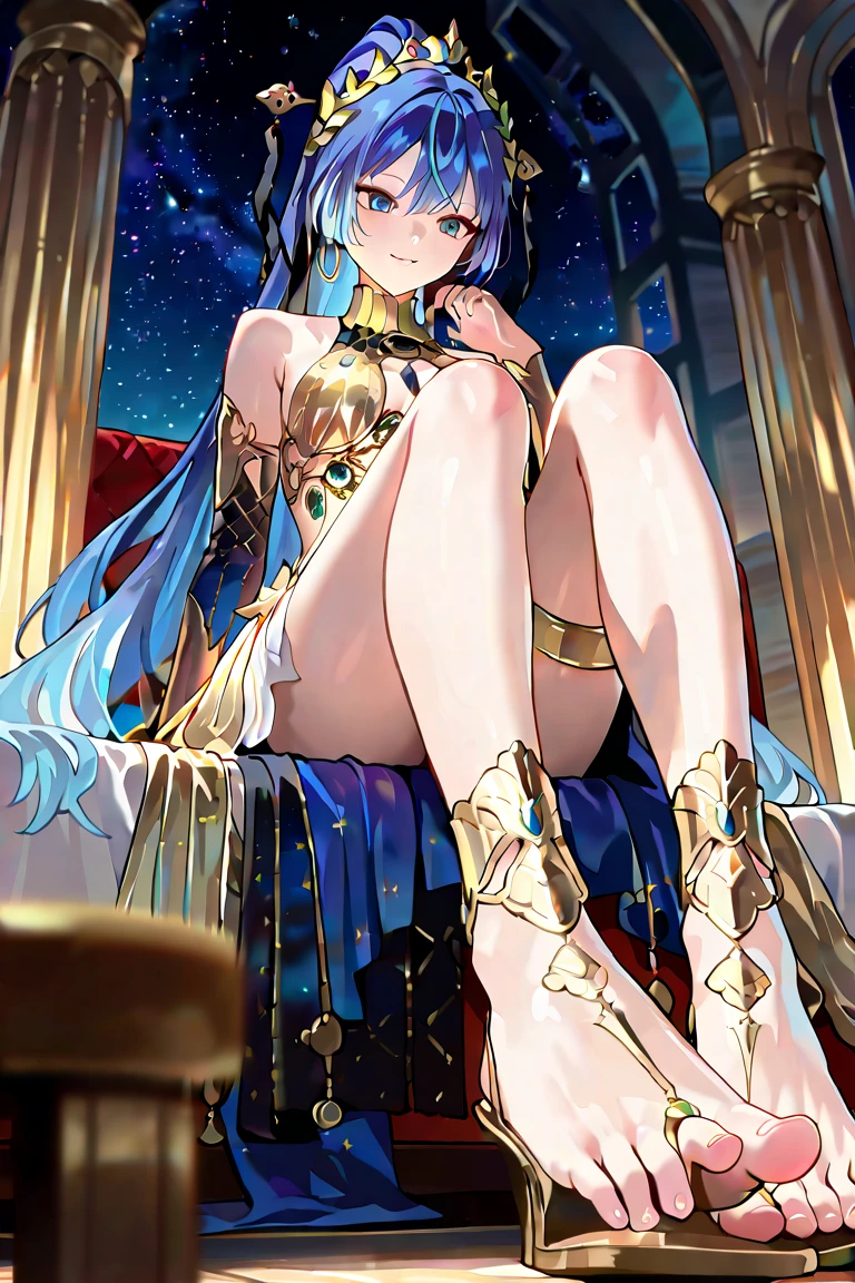 un hermoso retrato de emperatriz, pelo rubio, ojos azules perfectos, con un brillante, Impossible and striking large Christmas headdress, ropa batas de santa, todo navidad, snow asian, de cerca, d&d, Fancy