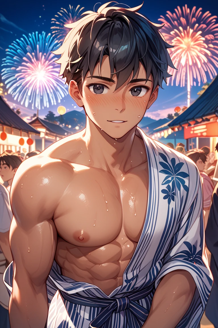 (score_9,score_8_up,score_7_up,score_6_up,score_5_up,score_4_up, source_anime), 8k, best quality, best lighting, BREAK, 1boy is 17 yo, muscled, yukata, ((veiny arms: 1.3)), shrine, ((night)), ((midnight)), fireworks