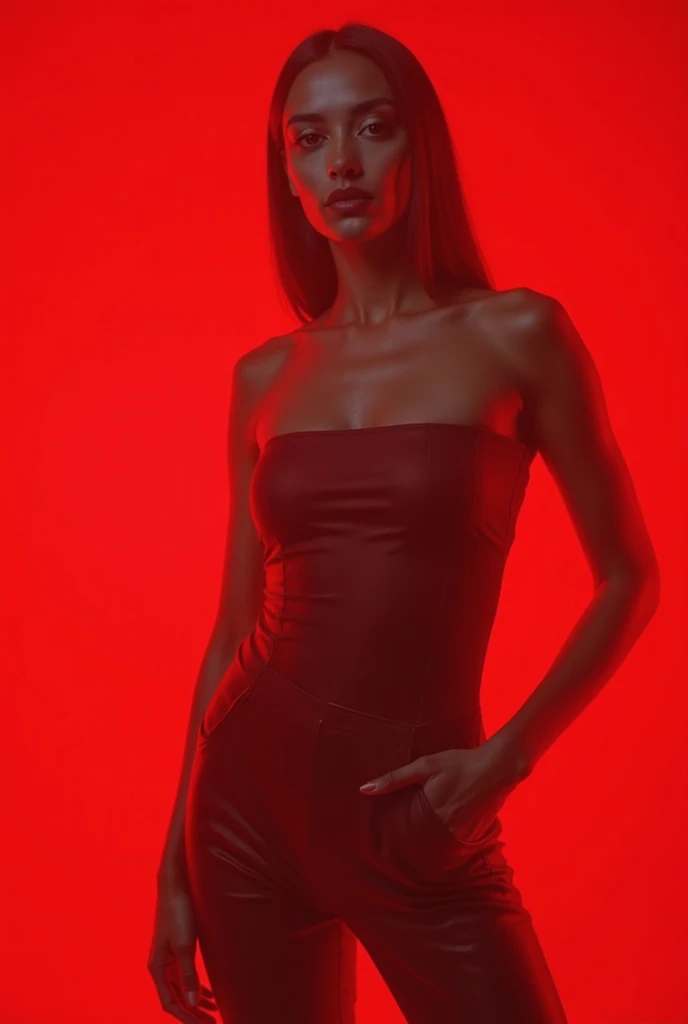 The following features can be seen in this image: - A woman standing against a red wall.
- Woman standing against a red wall
- She is wearing a black top and pants
- She is wearing sunglasses, hiding her eyes.
- Her hair is swaying in the wind
- Serious expression.
- Overall, the contrast between red and black is clear.