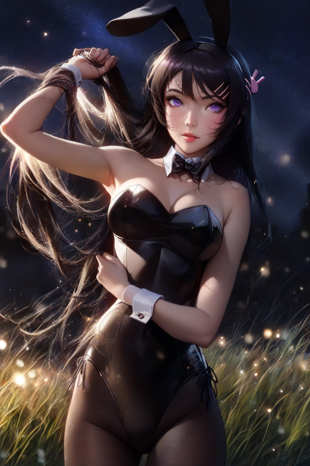 viera, 1 girl, nsfw, ffxiv, final fanatsy xiv, cleavage, digital illustration, vibrant colors, soft lighting, perfect face, absurdres, ultrasharp, 8K, long hair, space buns, black hair, purple eyes, lolita dress, gothic