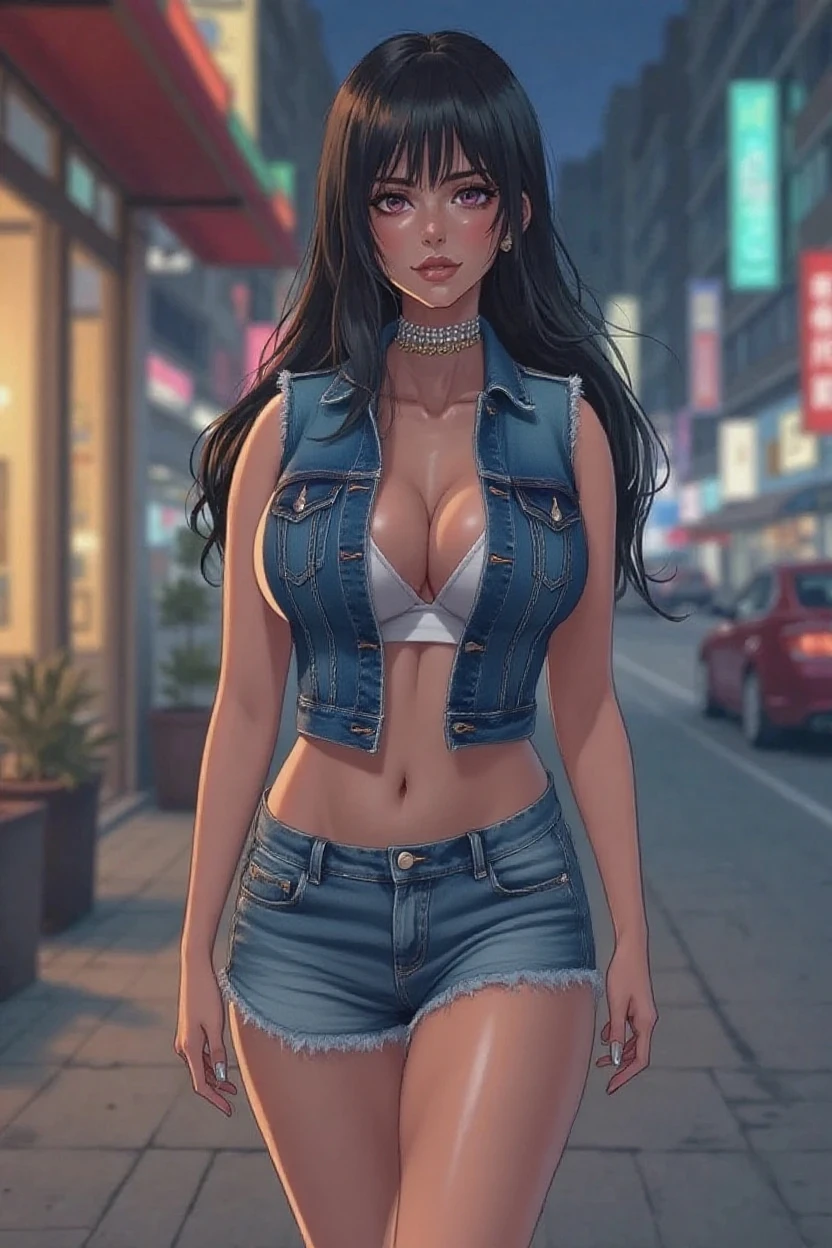 (masterpiece, best quality:1.4), (beautiful, aesthetic, perfect, delicate, intricate:1.2), (cute, adorable), (depth of field:1.2), cinematic shot, natural lighting, teasing, 1girl, mature woman, perfect female form, (perfect face, detailed face, full lips, glossy lips, blush, eyeliner, expressive eyes), (long wavy black hair), (natural breasts, narrow waists, midriff, navel), smiling, shy, good hands, better hands, (underboobs:1.4), delicate pink short shirt, short jeans shorts, (at city streets), (at night:1.4), (cowboy shot, from above), (female crowd, female people on background:1.4), <lora:LowRA:0.2>,