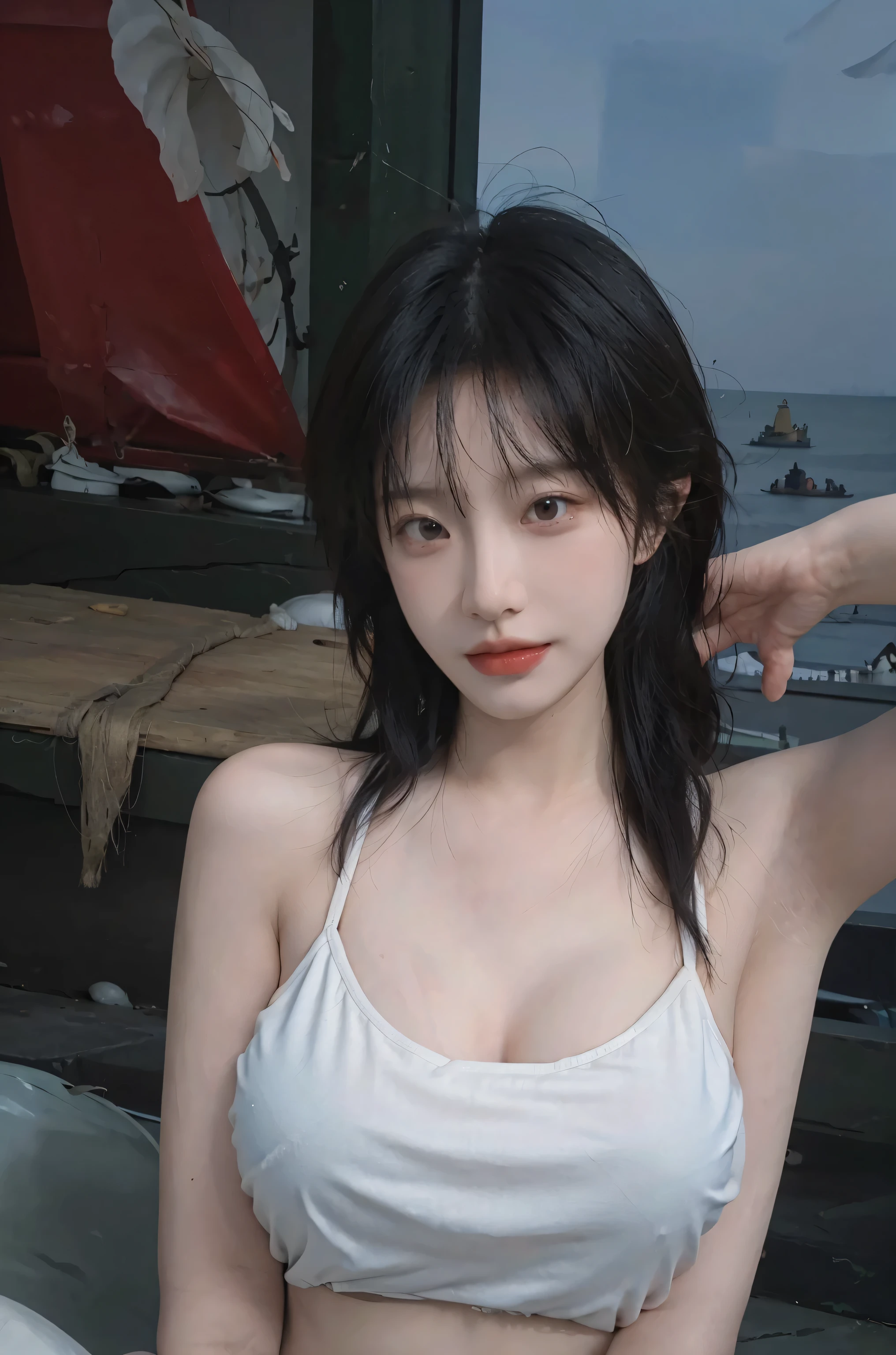 best qualtiy, 超高分辨率, (realisticlying:1.4), one-girl, A pair of clear and moving peach blossom eyes,Royal Sister,Fair skin,(full bodyesbian:1.2)a sense of atmosphere,a beauty girl, ssmile,sea beach,(full bodyesbian:1.2) looking at viewert, closeup cleavage ,(Photorealistic:1.4),1girll,Sexy,(Black bra:1.5),(Big breasts:1.8),(Upper body:1.4),(Wet body),(:1.2)
