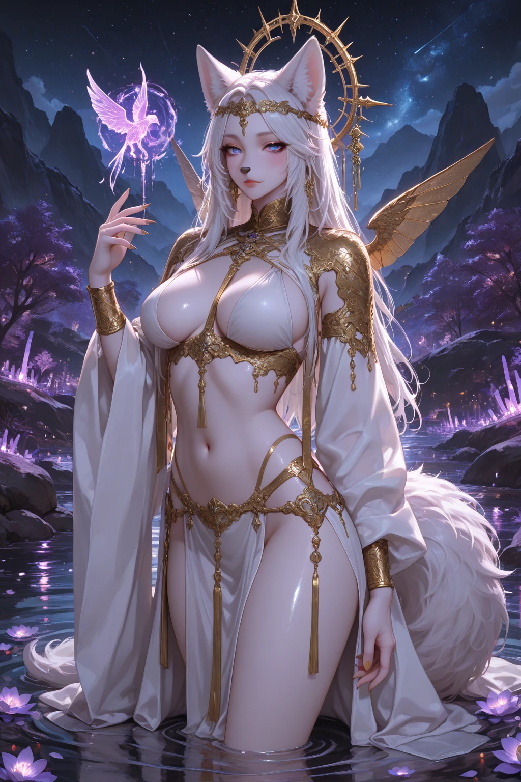 (best quality,4k,highres,masterpiece:1.2),ultra-detailed,(realistic:1.37)
A mature curvaceous Malaysian woman with her age at 40, dressed in a hijab that covers all of her hair, is standing in the center of a mystical scene. She is wearing a beautiful silk magic gown that shimmers with an otherworldly glow. The gown flows gracefully around her figure, accentuating her curves and adding an air of elegance to her presence.

The woman is a witch, strong and knowledgeable in the mystic arts. She stands confidently with her hands raised, as if channeling her magical powers. Around her, a magic circle adorns the ground with intricate symbols and glowing sigils. The circle is made from a combination of runes and arcana, pulsating with energy in vibrant colors of blues and purples.

As the woman continues her summoning, a mythical monster starts to materialize from within the magic circle. The creature is a magnificent being, towering with a majestic presence. Its body is covered in shimmering scales, reflecting the light around it in a mesmerizing display. The creature's form is a combination of various animals, with wings of an eagle, the tail of a serpent, and the head of a lion.

The scene is bathed in an ethereal light, reminiscent of moonlight casting an enchanting glow. The soft illumination illuminates the woman's face, revealing a calm and focused expression. Her eyes emit a glimmer of magic, while her lips are curved in determination.

The background is an enchanted forest, with towering trees reaching towards the sky. The forest is filled with vibrant foliage, casting shadows and adding layers of depth to the overall composition. The air is filled with an aura of mystery and anticipation, as if the entire world holds its breath in awe of the imminent manifestation.

The color palette of the scene is rich and vivid, with deep shades of blues and purples dominating the overall tone. The contrasting warm hues of the woman's gown provide a beautiful balance and creat