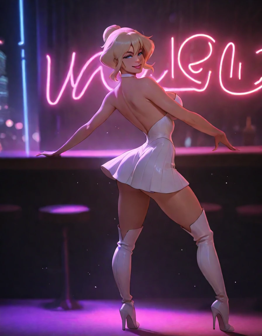a woman in a white and black skin-tight dress, sinister pose, inspired by Kim Deuk-sin and Gao Cen, wlop glossy skin, elegant pose, a blend of Aeon Flux and futuristic attire, inspired by Sim Sa-jeong, blonde hair, sexy, digital artwork, thick lineart, best quality, 4k, 8k, highres, masterpiece:1.2, ultra-detailed, realistic, photorealistic:1.37, HDR, UHD, studio lighting, ultra-fine painting, sharp focus, physically-based rendering, extreme detail description, professional, vivid colors, bokeh
