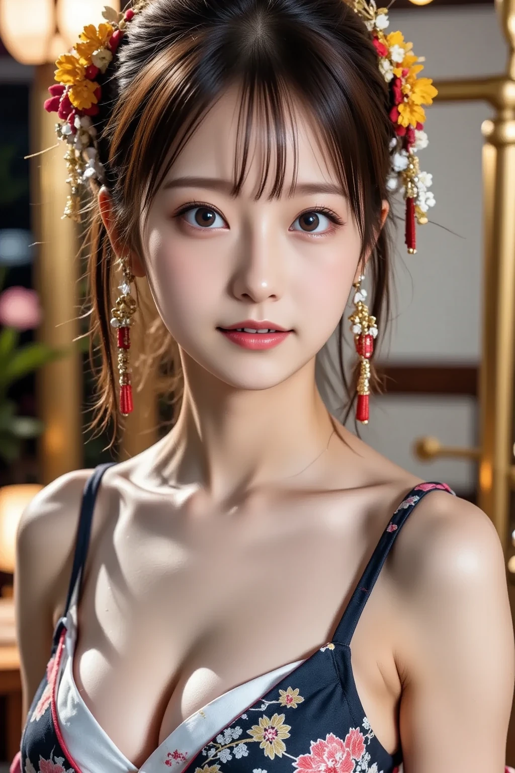 (topless:1.7), (Detailed skin:1.2),(Shiny skin:1.1),8K,Highest quality, masterpiece, Ultra-high resolution,(Realistic:1.4), RAW Photos,(Soft saturation:1.3),(Fair skin:1.2),Half-Japanese beauty,repair,20 years, Light brown hair, （Up-Hairstyles:1.2), Asymmetrical Hair, (Pretty face:1.4), (Small Breasts, Tight waist), Beautiful lighting, (Sexy Oiran:1.2,),Highly detailed face, Highly detailed lips, fine grain, double eyelid, （Sharp focus: 1.2）, （Perfect Anatomy),(Beautiful woman with perfect figure: 1.2）、Exposing cleavage、Random sexy poses，(Accentuate your leg lines:1.1)、kimono、Sharp Eyes,smile、Gorgeous hair ornament、Japanese style background