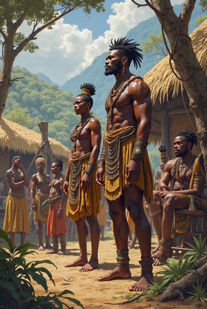 Group of 4 barefoot African paleolithic hunter men with bow and arrows