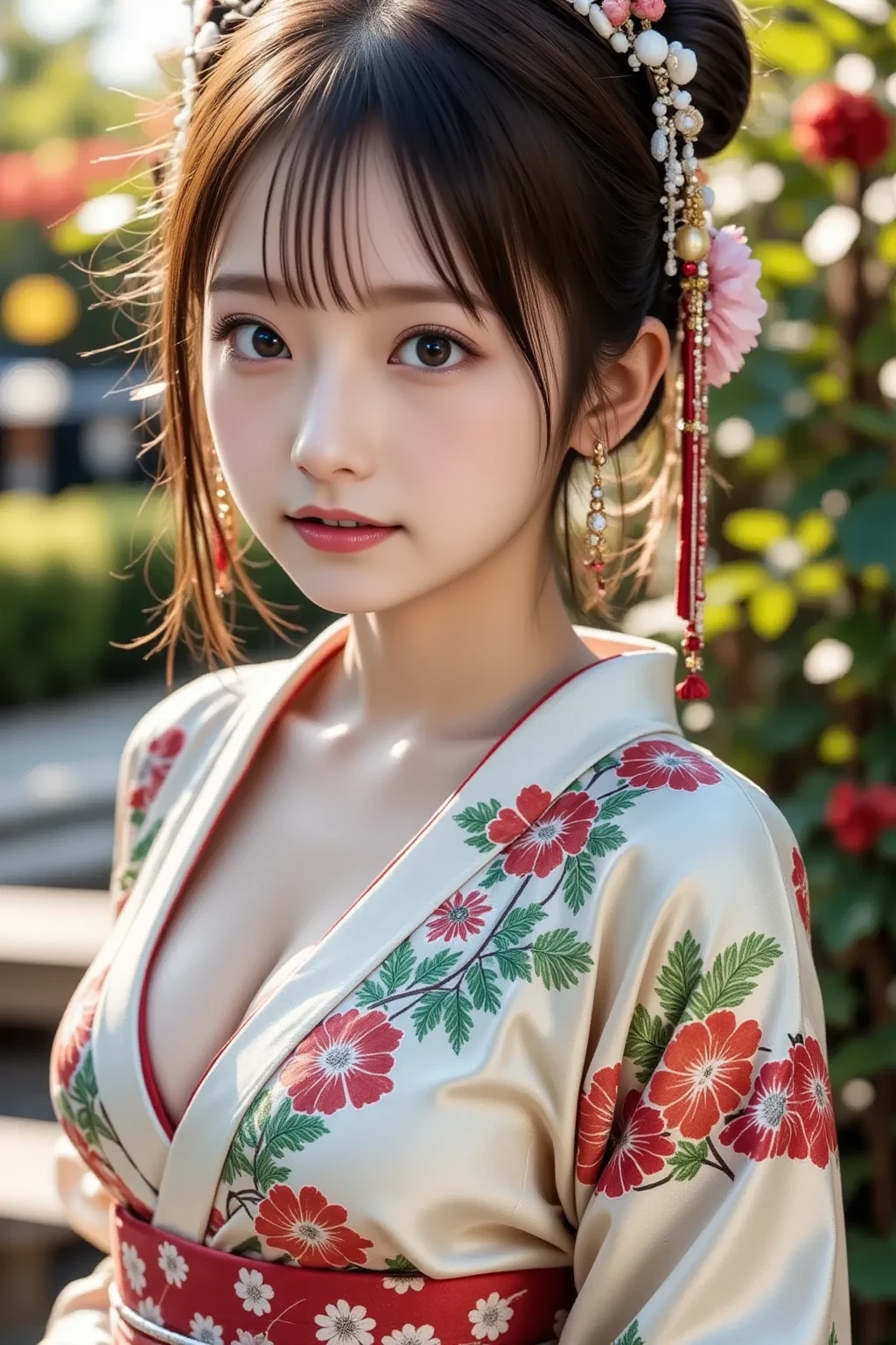 (RAW photo:1.2), (realistic), beautiful detailed girl, highly detailed eyes and face, thin and beautiful eyes, huge file size, High resolution, very detailed, highest quality, [table top:1.6], shape, very detailed, small details, highest quality, 8k wallpaper, movie lighting, 15 year old Japanese singer, The front of the kimono is open.., sing on the bridge, The front of the kimono is open.,naked, no top, nipples are visible,  wearing white panties,  Because I&#39;m slender, young face, small breasts, exposed nipples, ponytail, spring landscape, Sakura season, Terrible cherry blossom snowstorm, open spring kimono