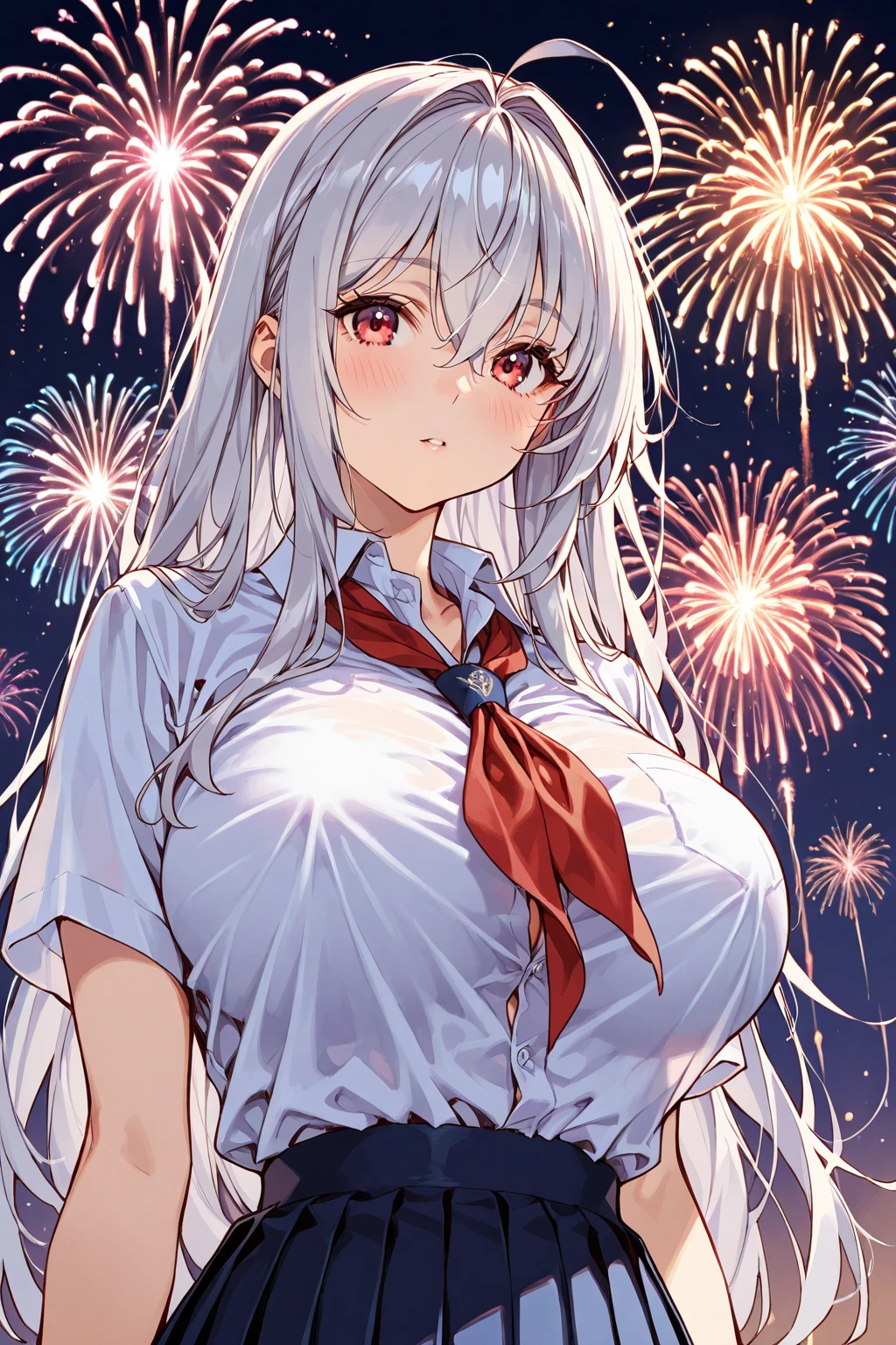 (anime style),masterpiece, best quality, extremely detailed,from side,from directly below,tanned skin,15year old,dark skin Beautiful body,bouncing_breasts,BREAK,bwet hair,for head,BREAK,smile face,lick one's lips,half open mouth,eyes half open,sensual face,detailed lips,BREAK,red ribbon,BREAK,ripped Alice in Wonderland costume,navel,slit down the side,break,head tilt,Night sky,coquettish pose,Detailed crotch,motion lines,girl on top,stomach to stomach,1faceless man,interlocked fingers,firework