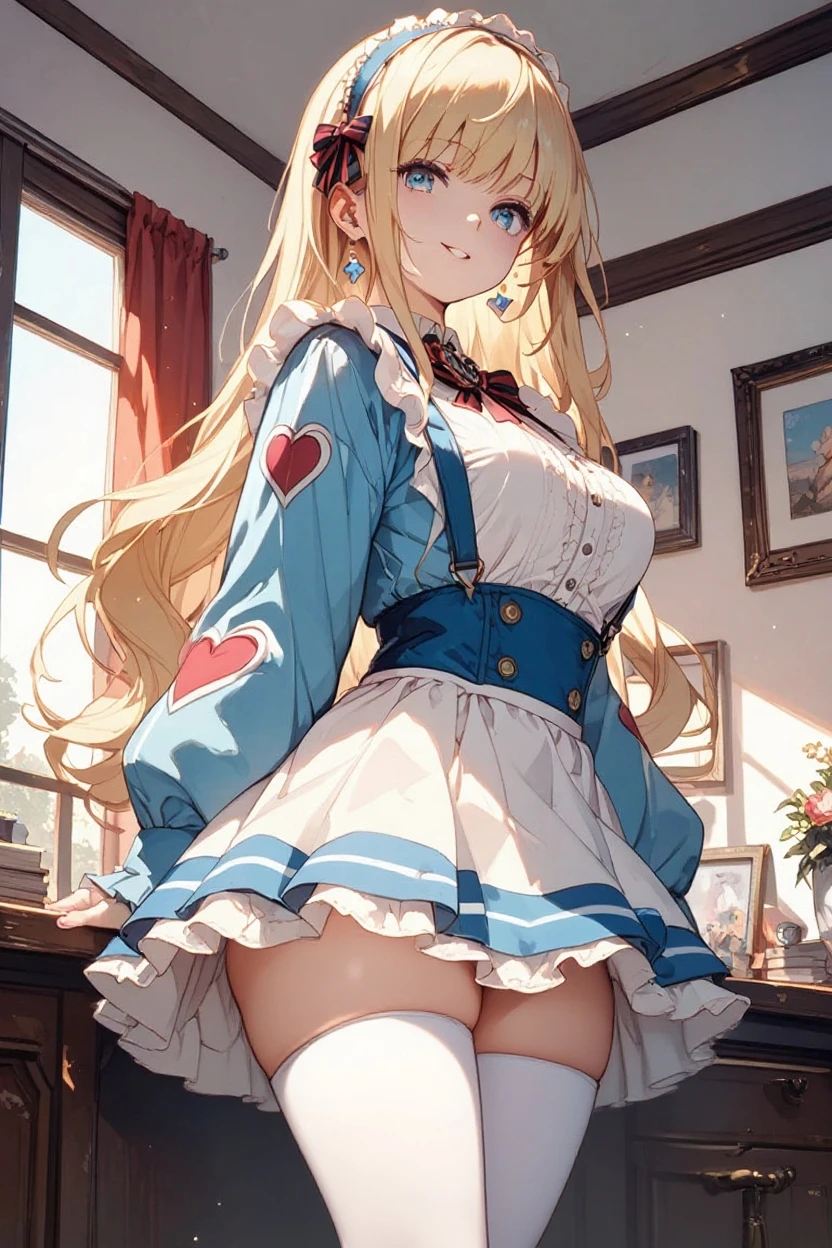 1girl, solo, thigh highs, long hair, book, black thigh highs, princess dress, blue eyes, simple background, breasts, looking at viewer, blush, bangs, very long hair, large breasts, blonde hair, brown hair, thighs, zettai ryouiki, blunt bangs, ribbon, reading, frills, closed mouth, thick thighs, green ribbon, neck ribbon, frilled, medium breasts, aqua eyes, panties, panty peek, undressing, panty pull, smug, smirk.
