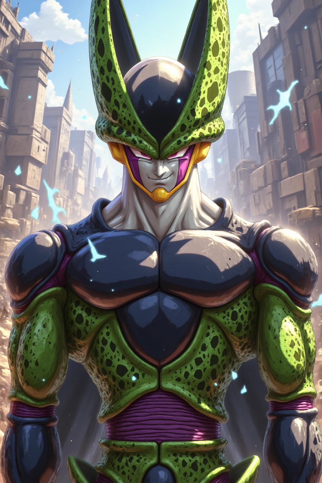 score_9,score_8_up,score_7_up, 
<lora:ImperfectCell2:0.85> <lora:add-detail-xl:0.4> <lora:Chiaroscuro Lighting Style:0.4> <lora:wowifierXL:0.4> art by mooncryptowow <lora:sdxl_lightning_8step_lora:0.4> <lora:Dragon_Ball_Background_Pony_XL:0.15> <lora:dbsuper_style_offset:0.5> <lora:Selection_Dragon_Ball:0.15> <lora:Selection_Characters_of_Dragon_Ball:0.15>
8K, spectacled light, In'ei, highly detailed, Masterpiece, best quality, beautiful details, crisp, chiaroscuro, anime style, 8K CGI anime, digital illustration, insanely detailed, digital media (artwork), internal subsurface reflections, masterclass color theory, depth of field, artistic light glare, rim lighting, 
perfect hands, perfect proportions, powerful muscular body, wide thick chest, large pecs, pectorals, collarbone, 6 abs, 
green skin, villain, evil, imperfect cell, android, green body, colored skin, fingerless gloves, green robot fingers, black nails, supple tail, tail moves dangerously, indomitable, 1boy, outdoors, no humans, standing, looking at viewer, solo, villain, dynamic sentai fighting pin up pose, detailed background showing a blistering hot desert with a rocky landscape, anime illustration, metal body, looking malicious and menacing, muscular, pecs, abs, delicate detailed light pink eyes, detailed masterclass well drawn solid black slit eyes, anime cell shaded illustration, smug condescending expression and posture, demented sociopath, manufactured superiority, dynamic camera angles, head tilted, body turning, orange face mask, is silently judging your sense of style, face shadow, dark background, 
BREAK zPDXL, zPDXLxxx,