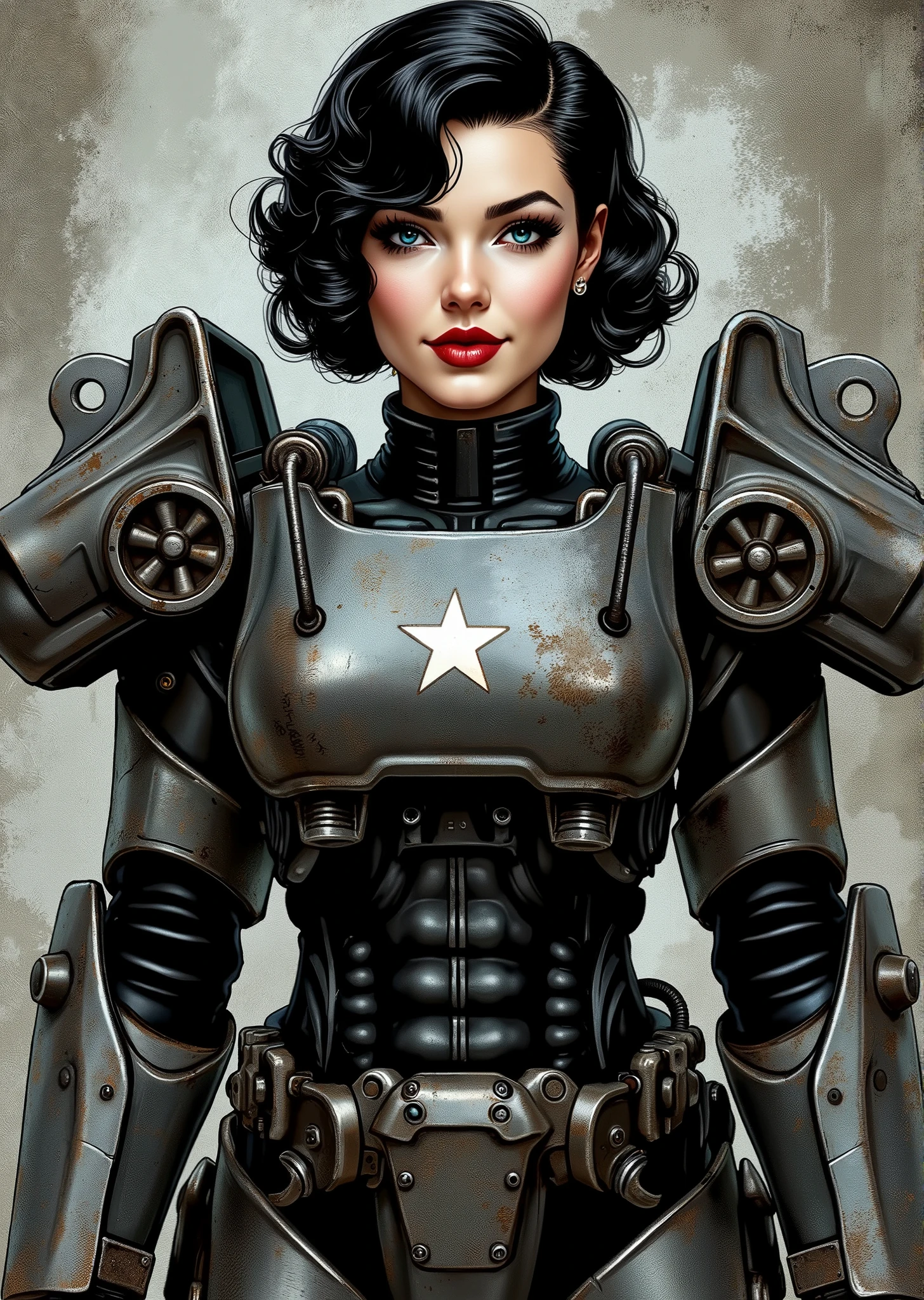 3/4 body shot, armor, t60, robot, An extremely detailed comic book illustration depicting a stunningly beautiful character portrayed by youthful baby faced Gene Tierney nineteen years old wearing a retro 50s T-60 power armor mechanized combat suit from the Fallout Video Game setting the armor features a dark metallic exterior with black interior padding with an emblem on the chest plate showing what appears to be a star in white paint suggesting this might be part of a military or faction insignia the armor has a distinctive design with various mechanical components plates and joints visible the character is framed within the bulky armor which has a worn utilitarian aesthetic typical of post-apocalyptic or military science fiction settings with the helmet off to reveal her face whose overall look combines vintage pin-up with modern Rockabilly fashion and alternative accessories in a 50s meets the post apocalypse vibe wearing bold classic red lipstick caked on white foundation making her appear incredibly pale in a classic vintage-style makeup with defined eyebrows and dramatic eye makeup with a short black curled hairstyle with vintage 1950s-inspired waves and voluminous styling typical of the era whose cut and styling are reminiscent of classic 1950s pin-up glamour meets alternative fashion with tattoos piercings and alternative accessories in an art style inspired by Frank Miller and Conan the Barbarian. She has an expression between kind and confident. Her blue eyes are warm and her smile is motherly and compassionate. The background is awash in brushstrokes in shades of concrete grey. The level of detail and the emotive, expressive quality of the character's face create a compelling almost cinematic portrait of a complex multifaceted individual. The image evokes a sense of strength, compassion, and a desire to protect her people, making the subject a visually striking and captivating heroic figure. Standing in a dynamic action pose. Trending on Art Station.