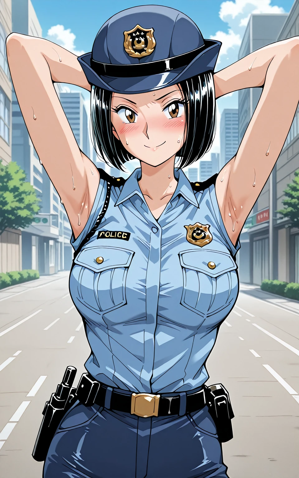 (Perfect body),Best Quality,(8K Portrait),(anime screen cap)、((Police Woman)),blush,Sweat,((large udder))、(Dark hair),((bob cuts))、Yellow eyes,(((thick thighs))),((((Navy blue leotard))))、  Woman、((A smile))、Cowboy Shot、((saluting))、((((Left hand on hip))))、(Navy blue jacket)、showing teeth、(((Wink)))、((Chibi))