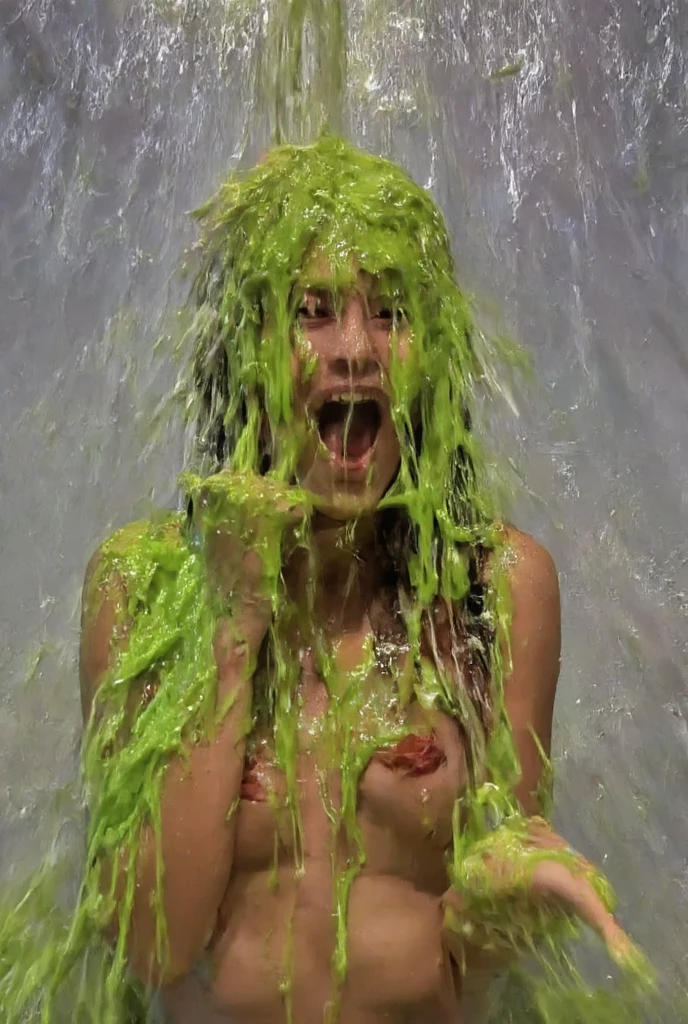 ((Best quality, 8k, Masterpiece: 1.3)), Sharp focus: 1.2, A beautiful woman with perfect body: 1.4, Slim abdomen: 1.2, ((Layered haircut, Large breasts: 1.2)), (no bra) (Small), sad face, slime bucket above her head, ((Green slime falling down)) high quality, best quality, masterpiece, 1girl, humiliated, long hair, stage, Tv game show, attractive brunette, slimed woman, ((green slime falling on her hair and face)), woman standing in a glass tank, laughing crowd, shallow depth of field, large audience, Slimed, woman, shocked, photorealistic, full length, bright studio,