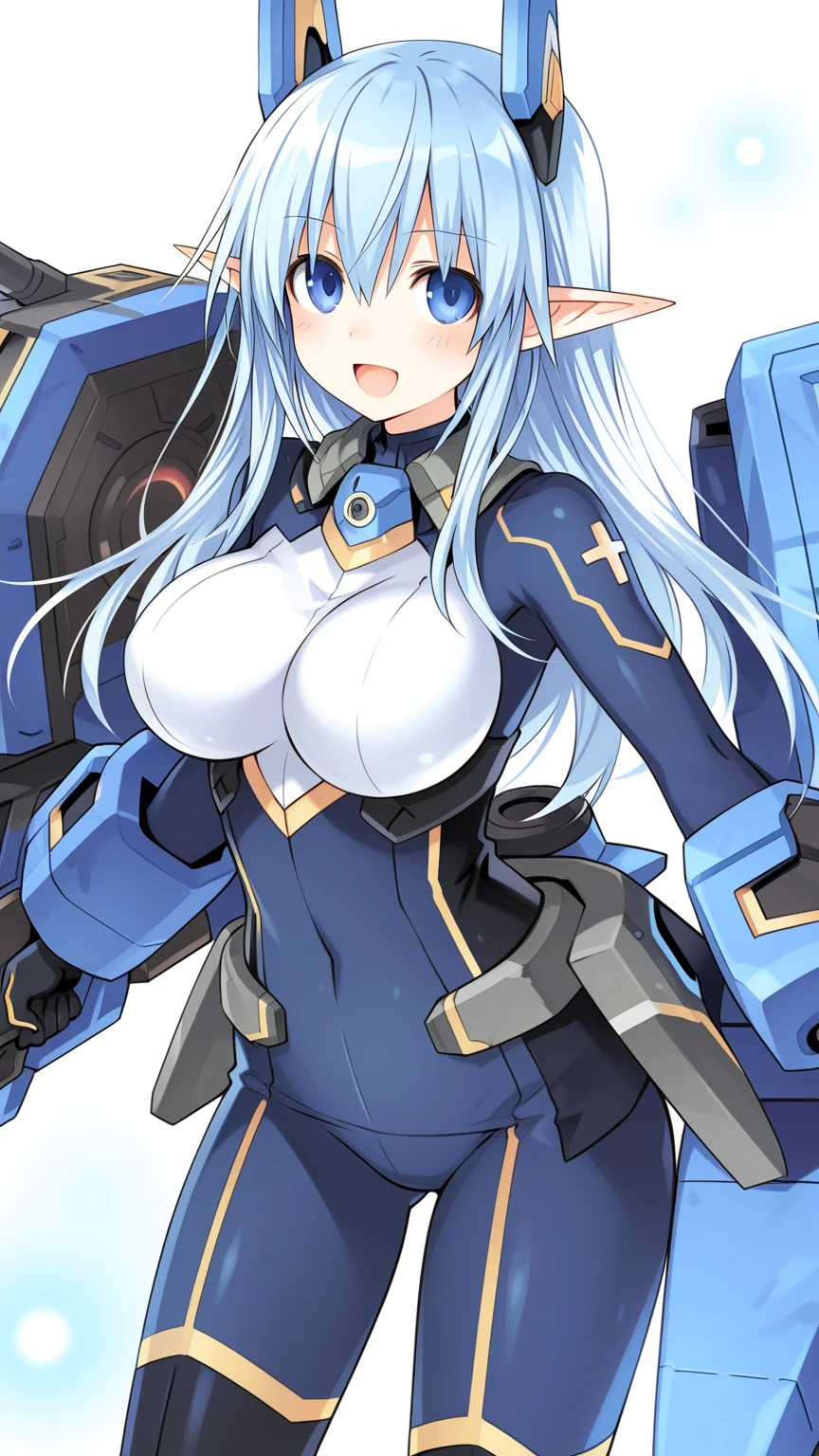 1 girl, alone, Shiranui_flare/(Holo live/), very big breasts, dark_Elf, light gray skin, White, black, black, long pointed ears, long hair, low ponytail, side bangs, hair between eyes, straight hair, starry blue eyes, wide hips, waist curve, Thick thighs, milf, Wide V-neck, tight shirt, body stockings, pencil skirt, black pantyhose, sitting, Alien-like command post, evil smile