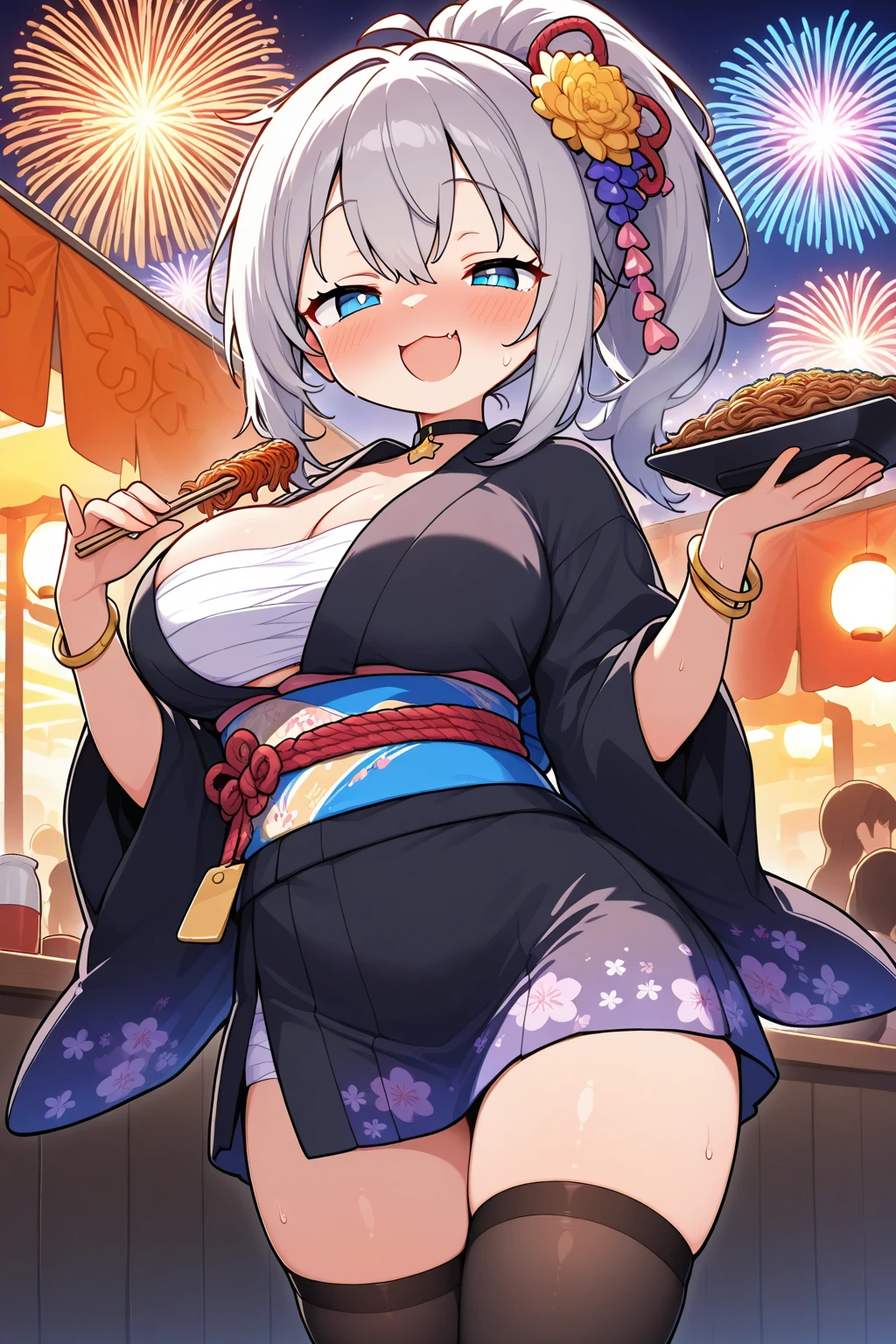 ((one personの女性)), Beautiful Face,Laughing embarrassedly,((Wink:2.0)),Laughing with your mouth open,((Bright red cheeks:1.3)),Glossy pink lips,night,The rooftop of a lakeside inn,firework,((Anime style background)),masterpiece, highest quality, so beautiful, Latest, Complex details, (Pink long nails),(ring),AI-generated, Complex,High resolution, highest quality, super high quality,3D Images、View your viewers、3D Images,one person,Long white hair,High Ponytail,blue eyes,Anime woman posing for a photo, ((Fine grain、Silvery white colorful eyes、Shining Eyes:1.3)),(Squint your eyes:1.1),a hyperRealistic , hyperRealistic , Realistic,Anime woman with long and white hair, Smooth anime CG art, A woman in a colorful kimono with gold embroidery, (Black kimono),Red floral pattern,Long flower hair ornament,Big earrings,Mature Body,(Big Breasts:1.1),Tall,Big Ass,Fine details,Narrow waist,Abdominal muscles,Shooting from an angle,(Face close-up:1.3),(Place both elbows on the desk),Hold out the takoyaki in front of you