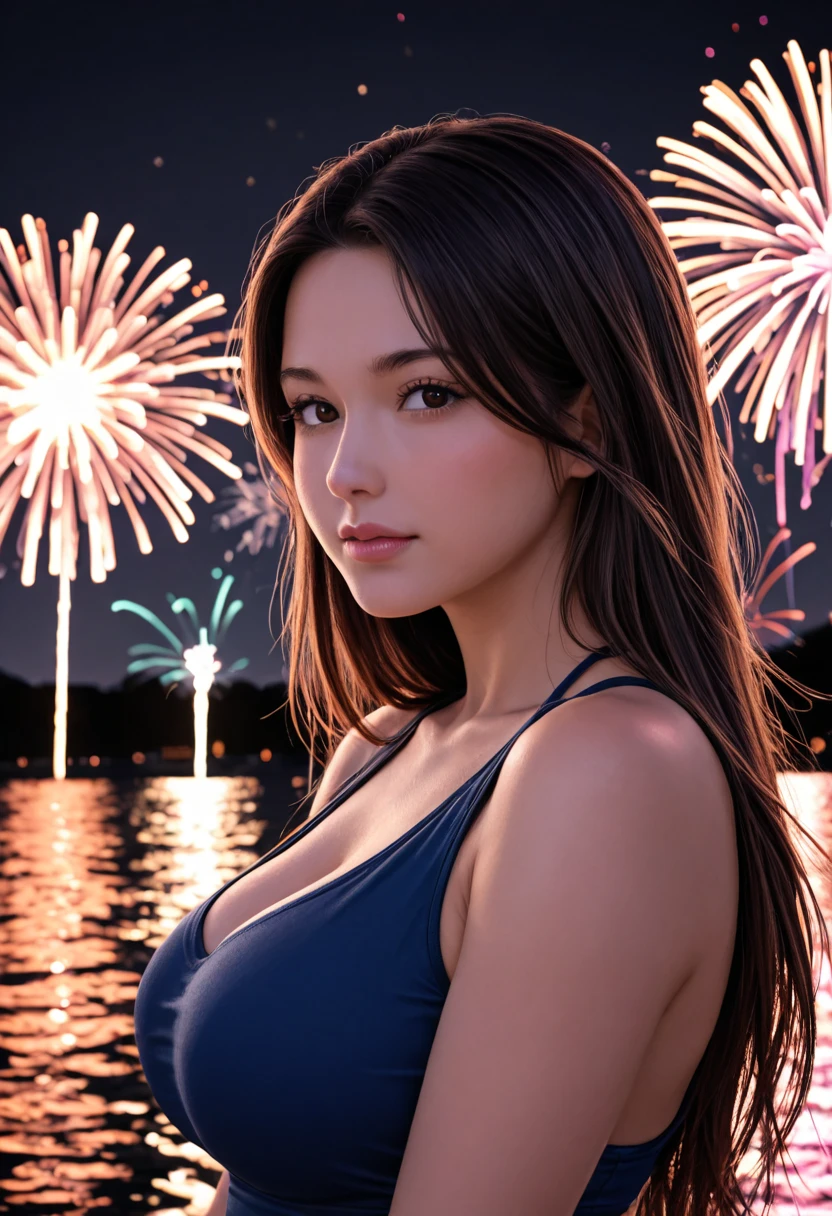 A nude woman lying on her back at a fireworks display