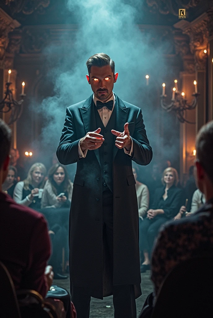I need to create a sad young man sitting in the middle of a lonely stage. The boy is dressed as a magician with a tall top hat, black suit, red cape and red bow tie and you can see the disappointment on his face, The young man is hugging his legs and is in profile, but you can still see the disappointment and sadness on his face 