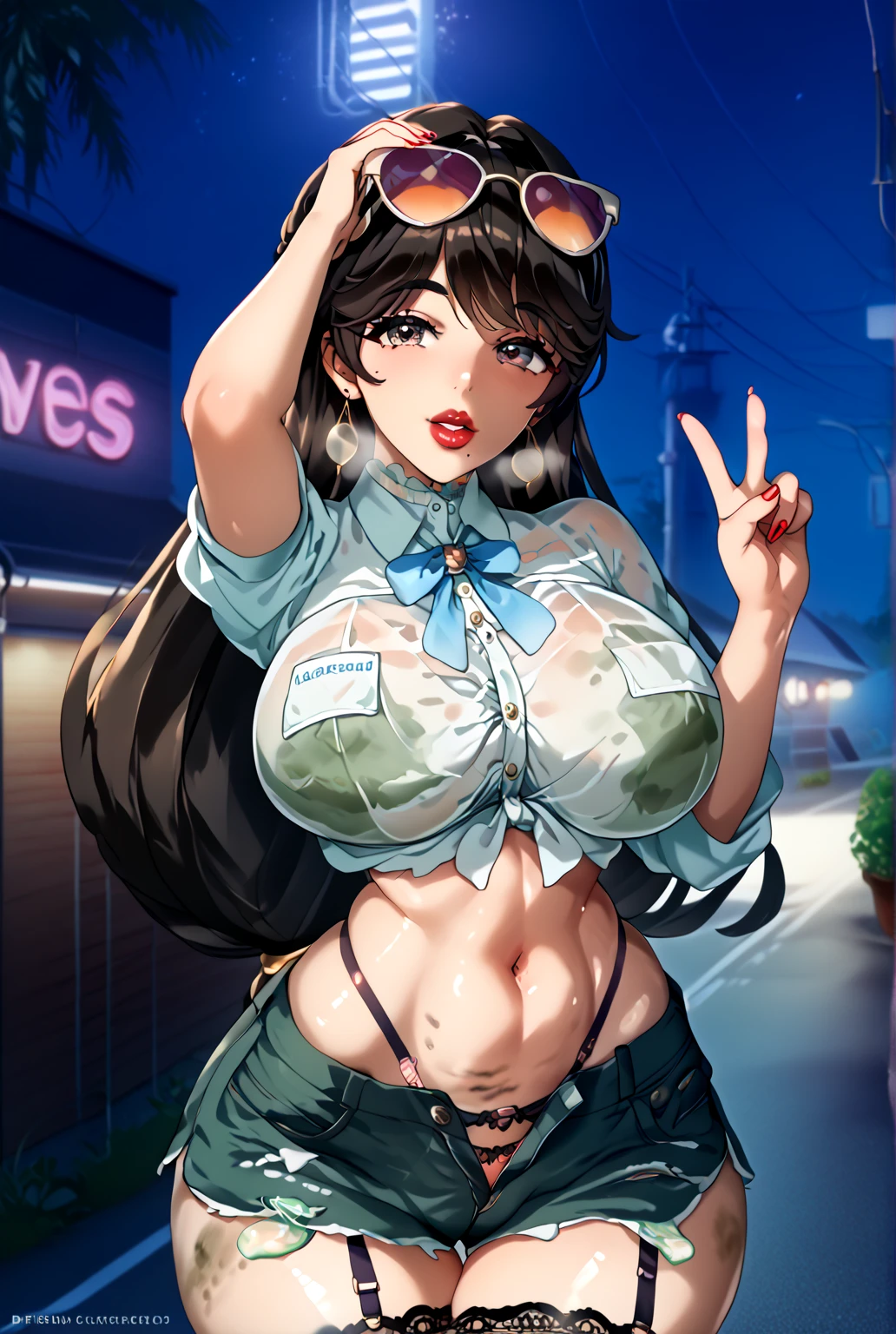 Score_9, score_8_up, score_7_up, source_anime, solo, 1girl, nishizumi shiho, 1girl, mature female, blunt bangs, long hair, brown hair, straight hair, brown eyes, collar, choker, leopard print bikini top, very tight bikini top, skin tight, huge areolae, areola slip, navel, hoop earrings, black microskirt, microskirt, belt, fishnet thighhighs, black jacket, long sleeves, wing collar, white shirt, open shirt, pink lips, makeup, walking, outdoors, tokyo \(city\), night time, blurry background, city lights, neon lights,
