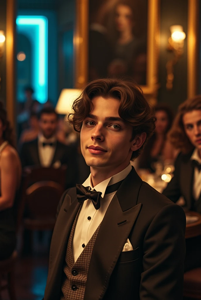 Scenery of a very chic party, with several guests drinking and dancing in the party's neon lights, a young white man, short straight black hair, dark eyes with thick lashes, slim, wearing a party tuxedo, holding a glass of champagne that flows a dark red liquid, realistic, photo, digital art