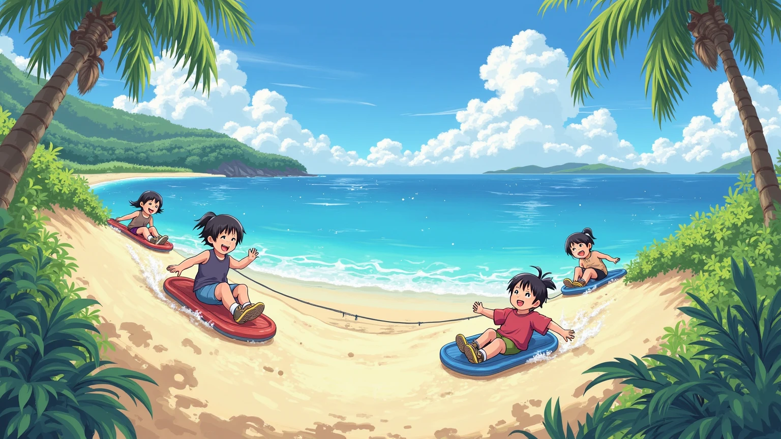 Summer parties，（（（Flat illustration）））（（tmasterpiece）），youthfulness，（32K），（Summer activities），Cut the watermelon in the bottom right corner，（Watermelon water is the main body of the picture），Watermelon water surfing，rowing，eats，（（（Super high detail））），（Watermelon red hearts），（（（Human  2.0））），（（ structure 1.8））