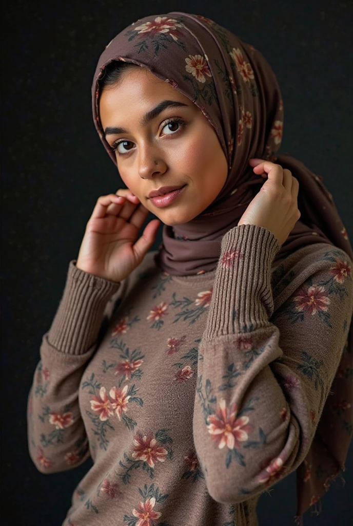 Fair and beautiful ,stunning ,curvy 18 year old mature Arab Muslim woman wearing a dark pink hijab and dark maroonish puce abaya frock with embroidery showing cleavage low neckline in depth of field apartment interior background , medium close up shot , shot on iphone 13 , professional photo , no makeup
