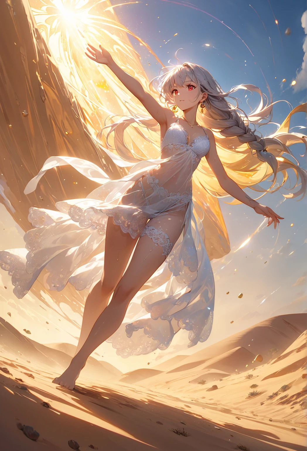 Naked girl climbing a mountain during the day and stars in the sky while sucking penises