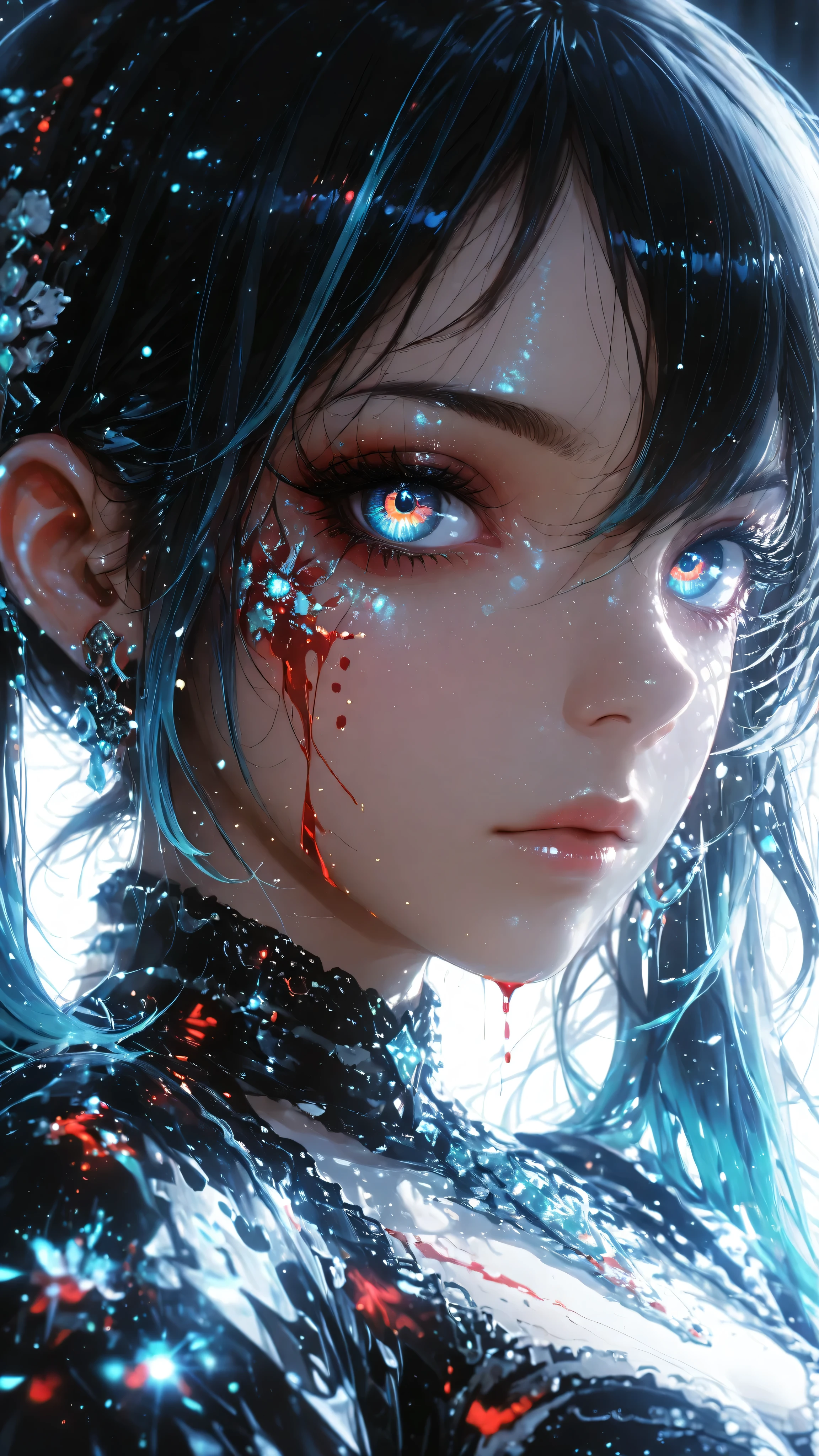 ,adult,
1woman,
masterpiece, newest,absurdres,incredibly absurdres, best quality, amazing quality, very aesthetic, realistic,
 solo, red blood, looking at viewer, multicolored eyes, portrait, blood, blue hair, lips, , dripping, eyelashes, makeup, black hair, cyan hair, gradient hair, multicolored hair, hair between eyes, close-up, hand up, eye focus, glowing, long hair, closed mouth, gradient hair, (twintails:1.2), glow in the dark, masterwork, masterpiece, best quality, dynamic lighting , dynamic pose,, dynamic angle, (realistic:1.2), (lineless:1.2), detailed, beautiful color, detailed, amazing quality,light particles,lens flare,light rays