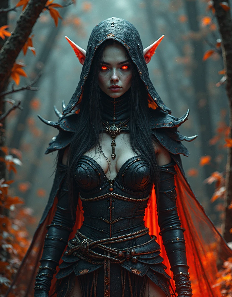 機械のdevilの女性、Detailed robot arm、Intricate robot legs、Exquisite mechanical body、detailed gear、Fangs like wolves、Bull-like horns、Large bat-like wings、devil'tail、beautiful glowing red eyes、black sheer dress、Beautifully detailed face、Ideal body type、Big Breasts、Tight waist, Giant scythe in hand, In the background is a Gothic castle surrounded by a moonlit forest..、Cowboy Shot、