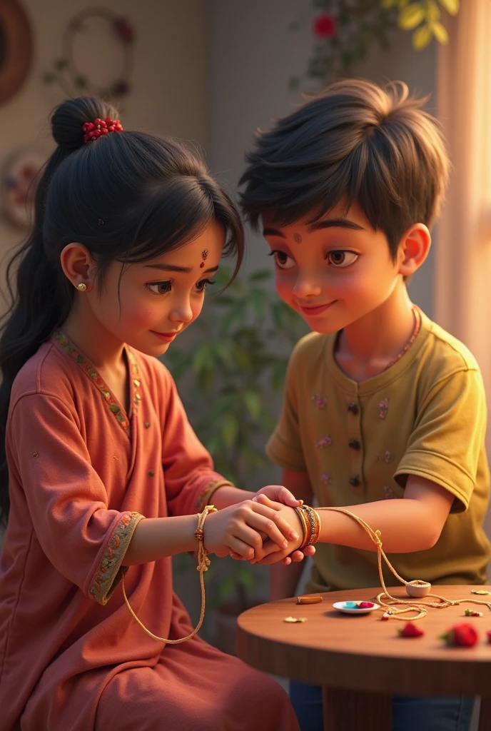 A sister is tying a rakhi on the hand of her brother boy, with Happy family ,on rakasyabandan
