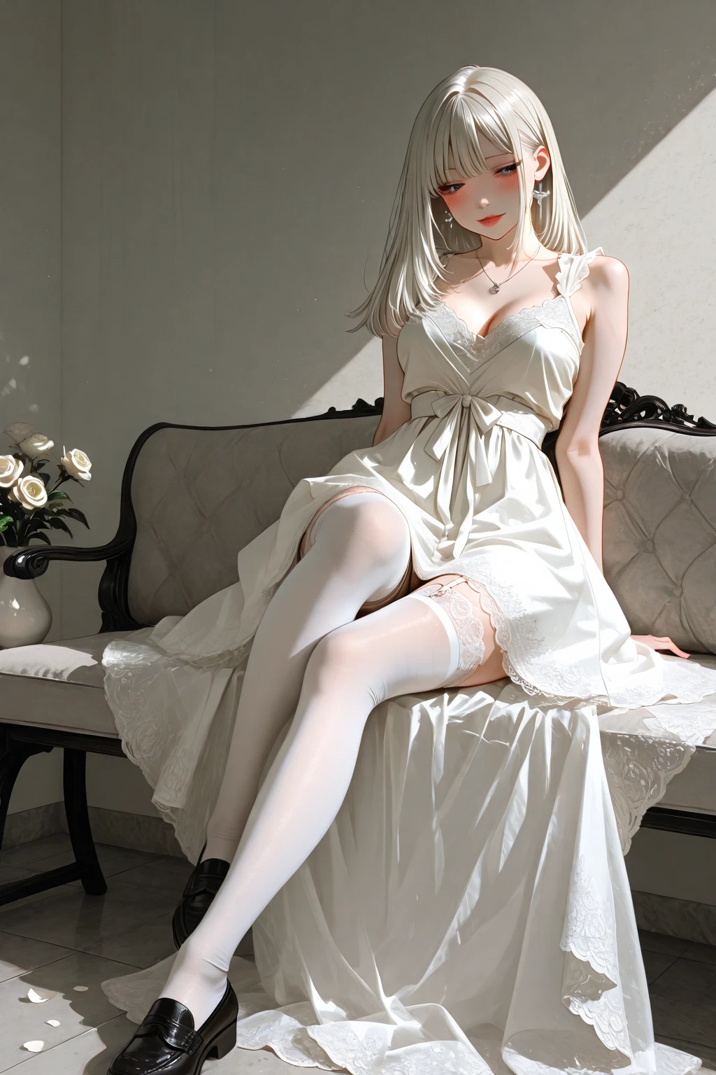 artstation, digital painting, fine details, realistic shaded, 20 age beautiful danish woman, detailed face, detailed eyes, beautiful medium hair, (medium round breasts:1.1), slim body, fit body, full body shot, (wearing white victorian ghotic dress, stockings, boots:1.1), (stripclub:1.1), sitting seductive at the middle of the stage
