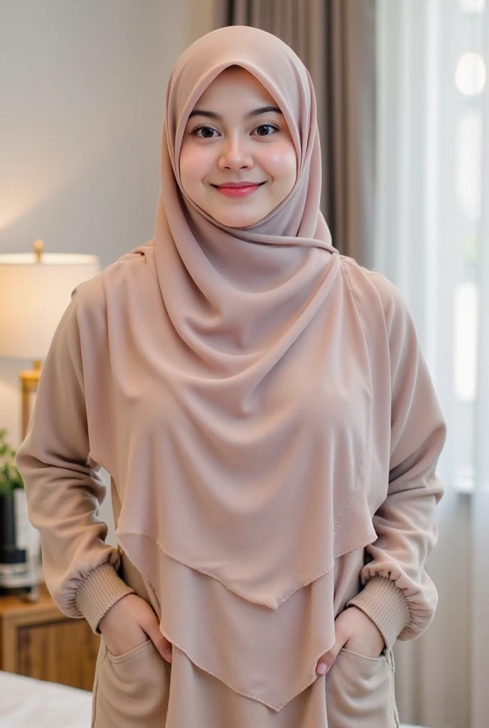 A beautiful Indonesian woman wearing a hijab is receiving abundant blessings.