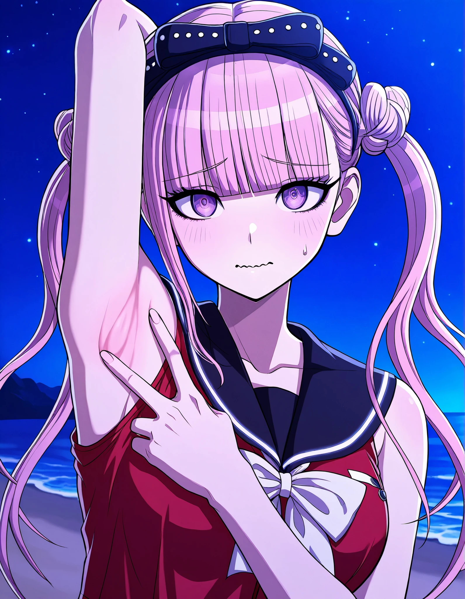 kako, pink hair, purple eyes, twintails, double bun, bow, blunt bangs, red serafuku, black sailor collar, sleeveless, game screencap, high quality, closed mouth, solo, upper body, night sky, beach, spread armpit, armpits, armpit focus, v, ((contrapposto)), looking at viewer, wavy mouth, shy, best quality,