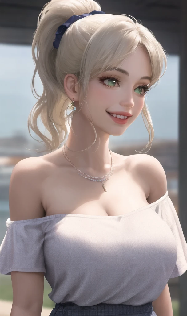 mature woman, (((a close up on a face))), 1girl, masterpiece, best quality, ultra-detailed, beautiful detailed, (((extremely detailed face))), white hair, long hair (((choppy layers))), (white shirt) huge breasts, nipples, showing cleavage, street, (look down), (grin), (huge chest), (piercing jewelry), (choker)