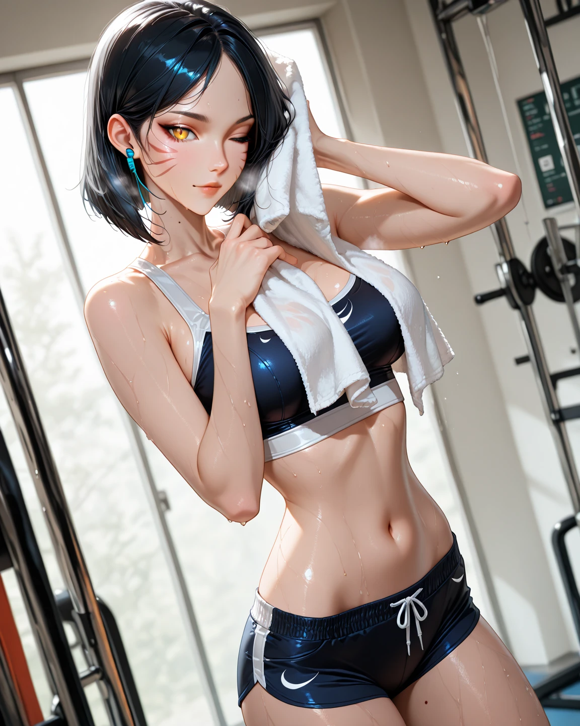 16K、masterpiece、High resolution、((18-year-old female))、Very large breasts、(((thin, Navy blue sports bra that fits snugly against the skin))、((紺くthinスポーツレギンス))、Captivating look、((Please put your hands on your hips))、Very close、Angle from below