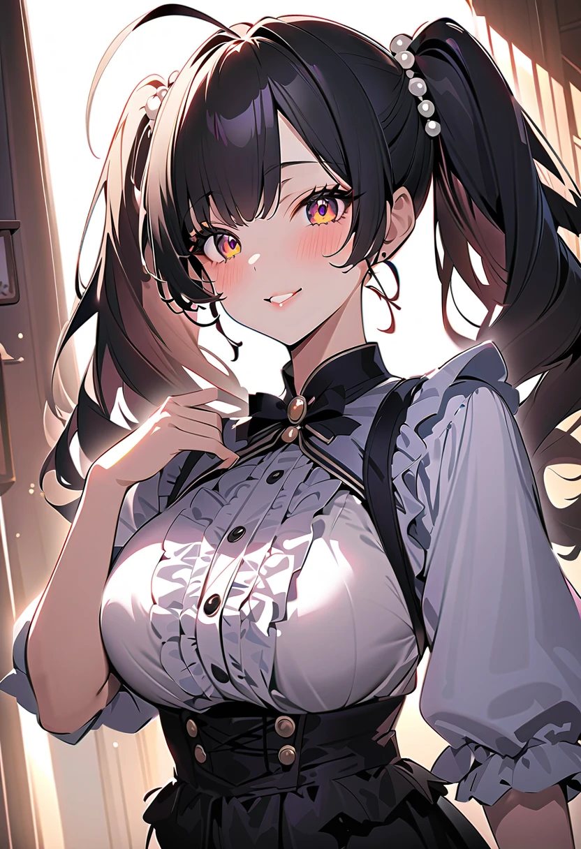 (from above:1.2),(from side:0.6),(Close-Up:0.4), (A masterpiece of image quality in 8K),(Beautiful Allafed Woman),(((emphasizing breasts:1.1))),(Dynamic angles),(Dynamic and sexy bending pose:1.3),(sit a chair:1.2),(Short hair in shiny silver and orange inner colors,small full breasts,Disturbance of clothing due to movement,breast slip,(Ponytail twisted buns adorned with elaborate braids and beads,Braided Setup Fishbone Hair:1.2),(see-through bangs),small breasts,(((A brown lace apron that shows your bare skin from under your small breasts.......)))、garters,Blush with embarrassment、Enraptured eyes、 little open mouth,A smile that beguiles the viewer、(Look back:1.2)、Look into the photographer,skin glistening with sweat,gazing at viewer,,(Professional Lighting),(masutepiece,top-quality,Ultra-high resolution output image,),(Ultra HD with complex detail image modes),depth of fields,Beautiful hands,Beautiful fingers,Detailed finger features,(Detailed hair features:1.7),detailed facial features,detailed clothes features,