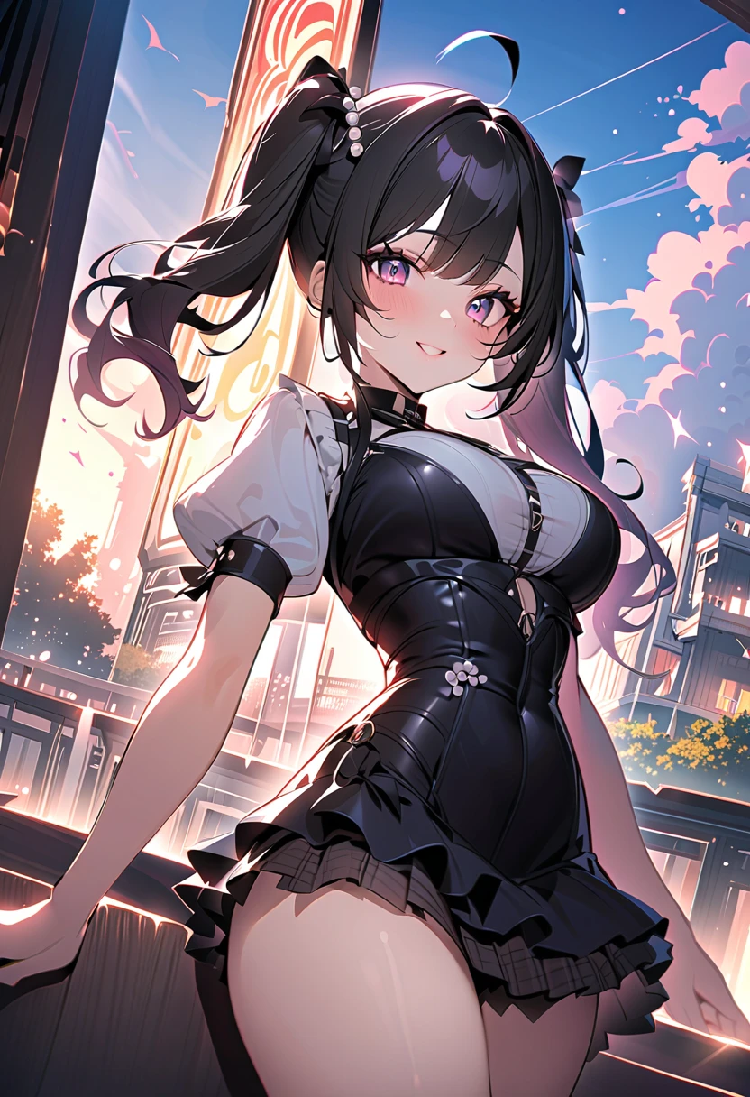 Hentai、High resolution、cruel smile、Her breasts are super big、Pretty Cure、Katsushika Hokusai、An evil, plump magical girl spreads her legs with a magic wand on the rooftop of a high-rise building late at night.、A lewd black magical girl dress with frills、Perfect proportions、Cowboy Shot、Fatty thick legs、Sweaty、Clear eyes
