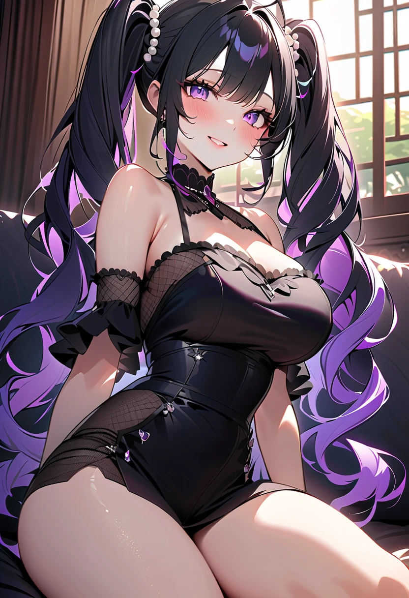 (Masterpiece), (best quality), A cat girl in her 20's, long black hair with purple tips, blue eyes, cat ears and a cat tail. wearing black round glasses (Black crop top, sleeveless, cropped waist shirt.) A light purple silk short jacket showing off the shoulders. black short skirt