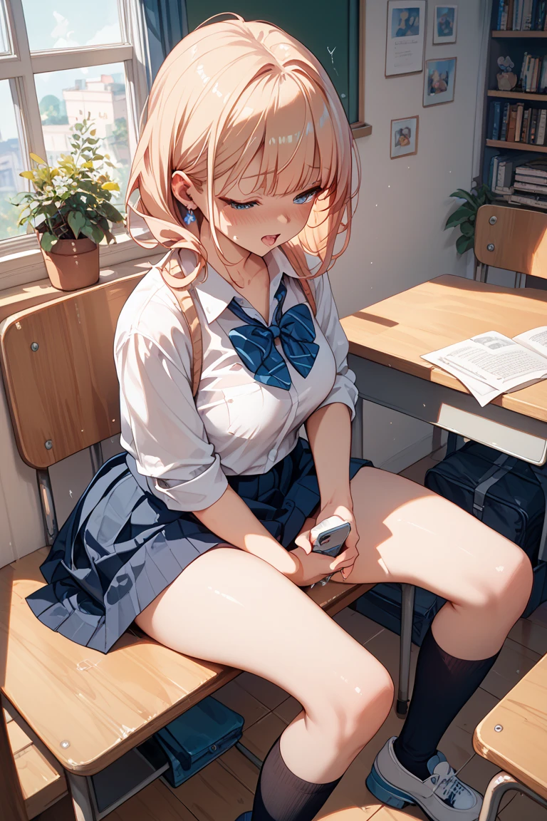 hot、hot air、High temperature、School、In the classroom、Sitting in a chair、Girl、Girl、Short、Younger、Lower school year、Baby Face、flat chest、Dynamic Angle、masterpiece、best quality、ultra-detail、Great Khan、The air conditioner is broken、Summer sunshine、High leg swimsuit、Spreading legs、Raise one leg、The desks are lined up、corridor、window、Seems like a hassle、Complaining、There are several classmates behind me.、Clothing、Untidy appearance、Wide Stride、Fan、With his mouth open sloppily、steam、Show your side