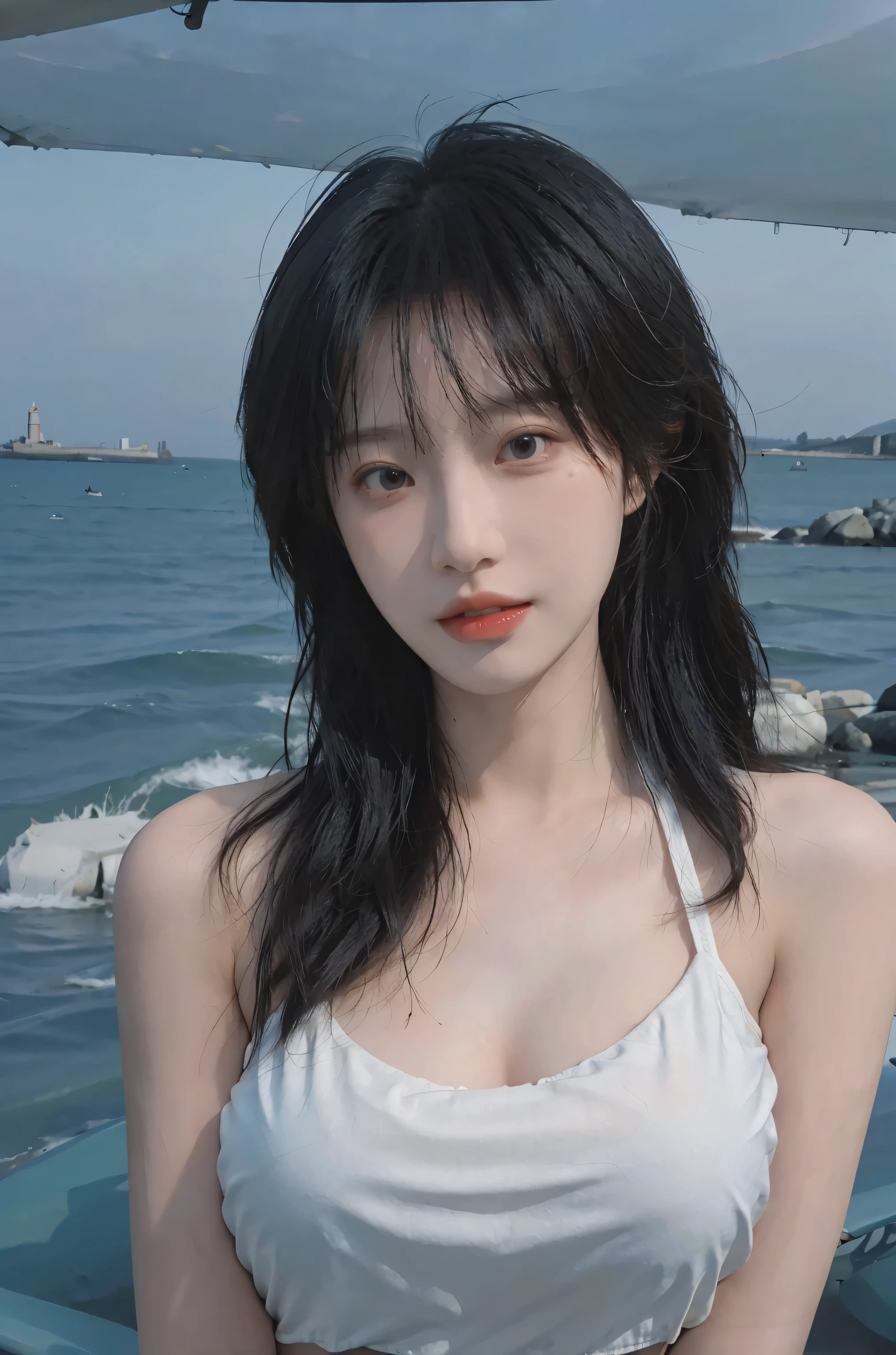 Best quality，Ultra-high resolution，（lifelike：1.4），Cute hairpin，1girll，Long curly hair，jk，Blush，Slim beauty：1.4，Visible abdominal muscles，on the beach，Ultra-fine face，Exquisite eyes，Double eyelids，necklace