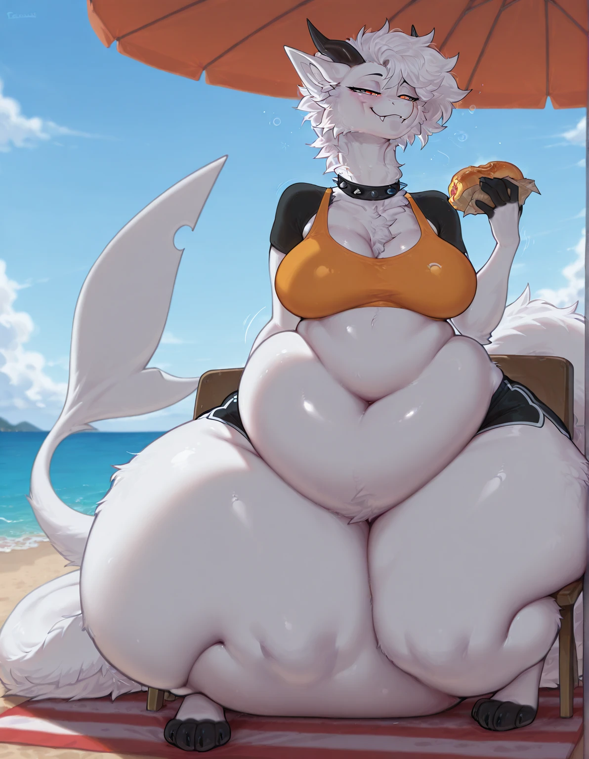 Lovely,Pure white skin,White hair,Slim,Detailed abdomen,Big breasts,girl,White belly-baring dress,Occlusive,Black skirt,(background:beach), pregnant,Showing belly