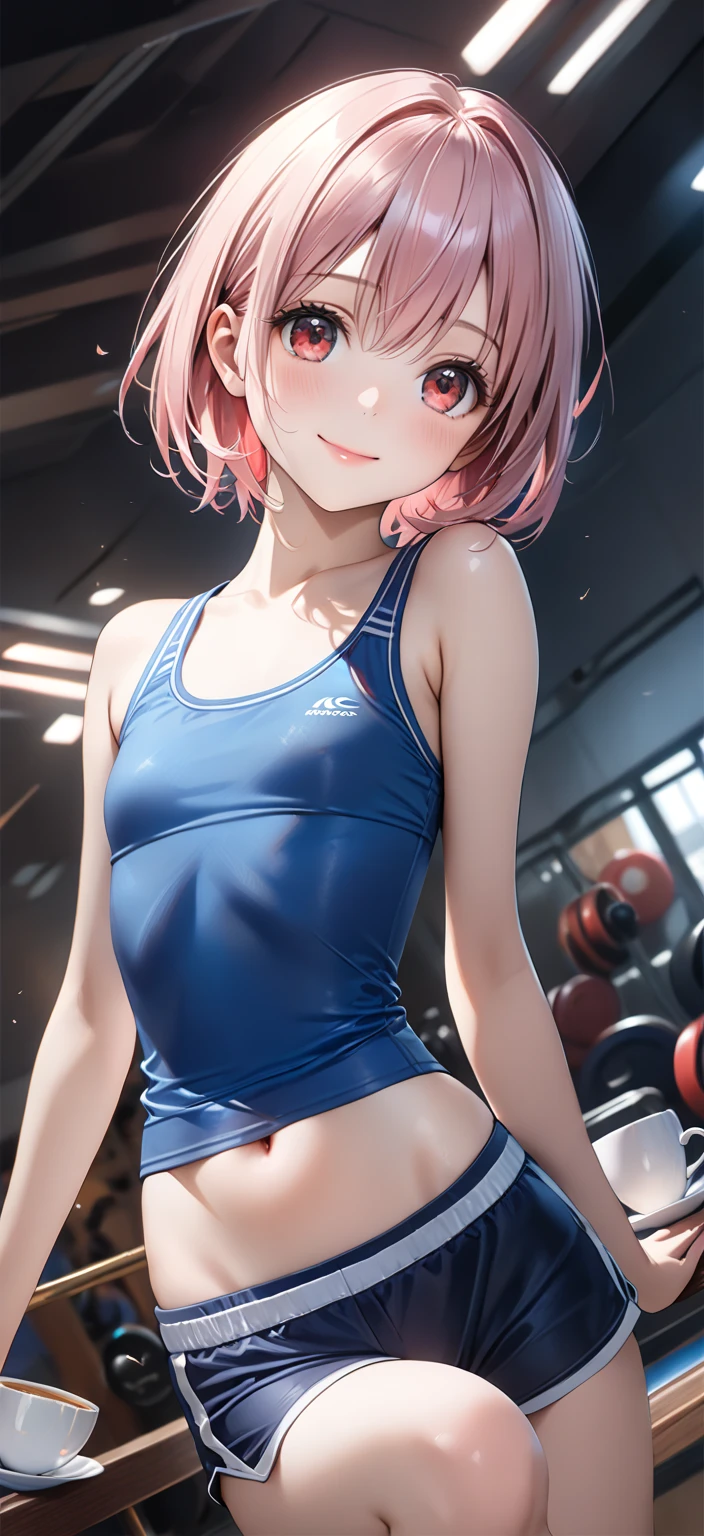 Embarrassed girl, with short curly pink hair and glasses, in sexy gray sport underwear ,trying to cover herself