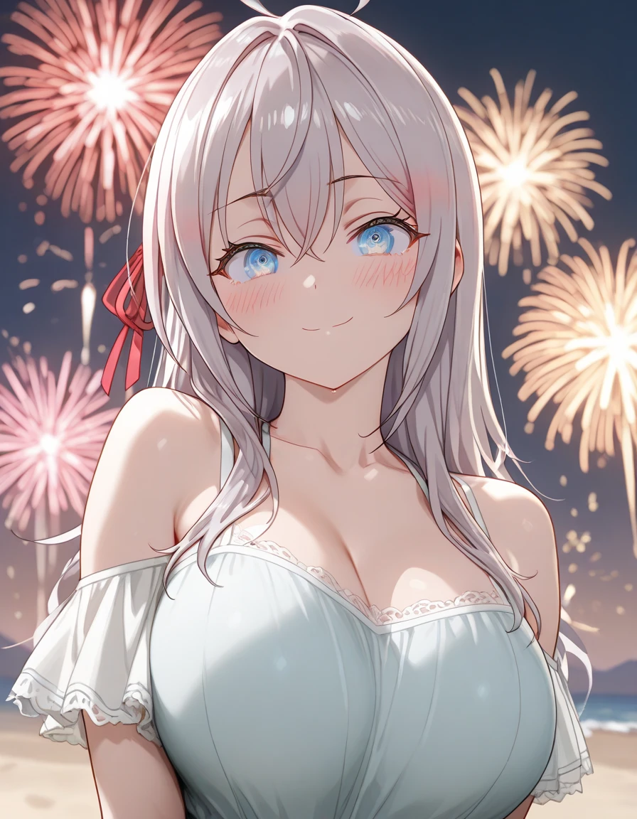 ((one personの女性)), Beautiful Face,Laughing embarrassedly,Laughing with your mouth open,((Wink:2.0)),(Bright red cheeks),Glossy pink lips,night,rooftop,firework,((Anime style background)),masterpiece, highest quality, so beautiful, Latest, Complex details, (Pink long nails),(ring),AI-generated, Complex,High resolution, highest quality, super high quality,3D Images、View your viewers、3D Images,one person,Long white hair,High Ponytail,blue eyes,Anime woman posing for a photo, ((Fine grain、Platinum colorful eyes、Shining Eyes:1.4)),(Squint your eyes:1.1),a hyperRealistic , hyperRealistic , Realistic,Anime woman with long and white hair, Smooth anime CG art, A woman in a colorful kimono with gold embroidery, (White kimono),Red floral pattern,Long flower hair ornament,Big earrings,Mature Body,(Big Breasts:1.2),Tall,Big Ass,Fine details,Narrow waist,Abdominal muscles,(Face close-up:1.2),(A woman clasping their hands in front of their mouth with a delighted expression),