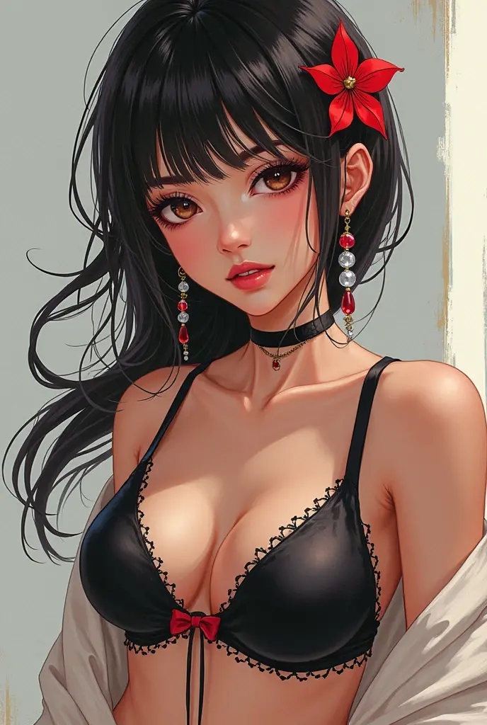 (((pink rose print bra))), Very detailed、highest quality、Best image quality、masterpiece、8k、Anime Face、A kind smile、Open Mouth、((black middle hair:1.5))、big breast, sexy、 beautiful body 、Cowboy Shot, Sexual Intercourse, ((red eyes)), hotel bedroom, ((( Jeans))