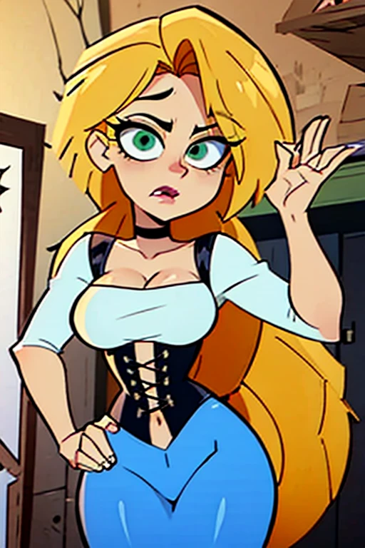 1girl, breasts, solo, blonde_hair, long_hair, makeup, smile, navel, cleavage, large_breasts, choker, blue_eyes, eyeshadow, looking_at_viewer, hand_on_hip, tiara, lipstick, midriff, wide_hips, ponytail, skirt