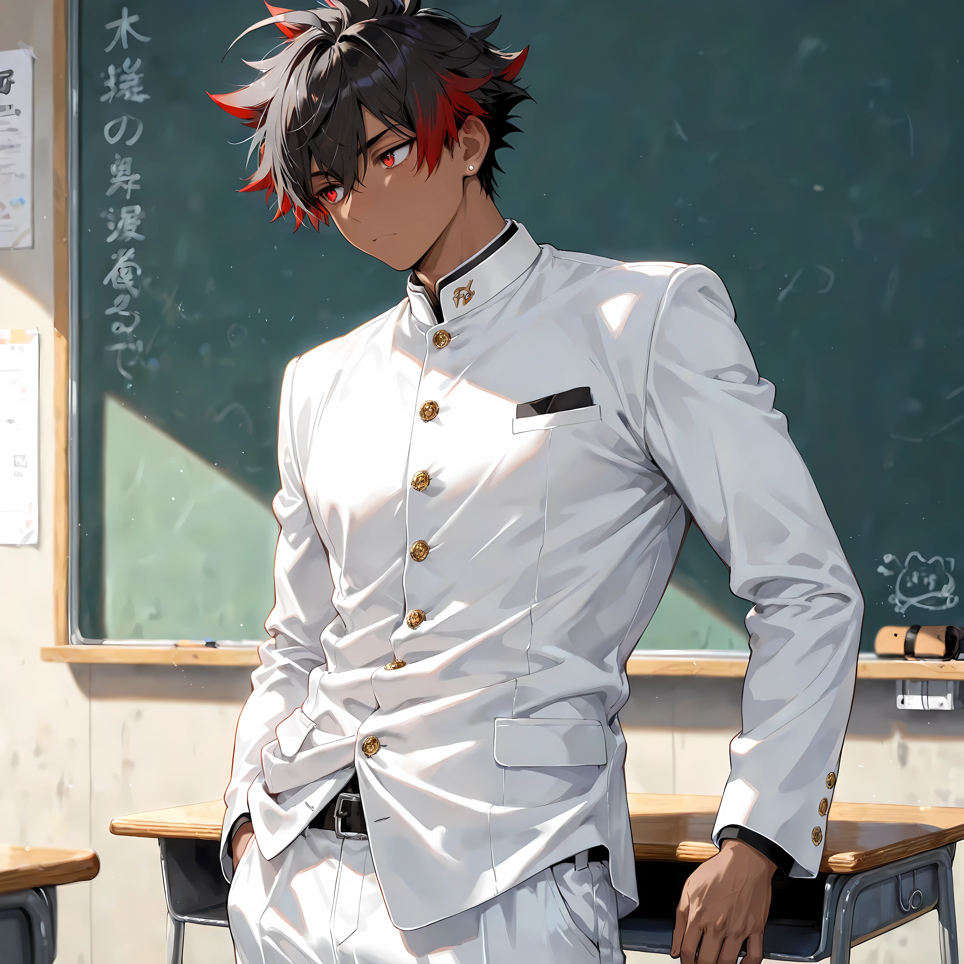 masterpiece , best quality , 1male , 18 Years Old , male focus , masculine , dark skin , solo , short wavy spiked hair with ahoge , medium length in the back , black hair with burgundy highlights , bored vibrant red eyes , white gakuran jacket , white pants , relaxed expression , standing still , silver stud earrings , classroom background , perfect background , close-up