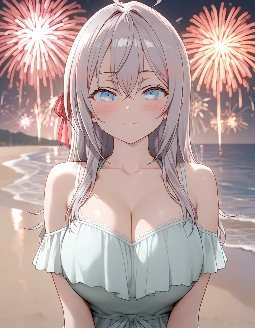 1girl, breasts, ,people,blue hair, blue eyes,ringed eyes ,Nejire Hado\(my hero academia\), large breasts, smile, looking at viewer, blush,braided hair,bangs, closed mouth, bare shoulders, collarbone, cowboy shot,black dress,black long gloves,low light environment,dim ambience,gala background,night time,curvy,fireworks,upper body