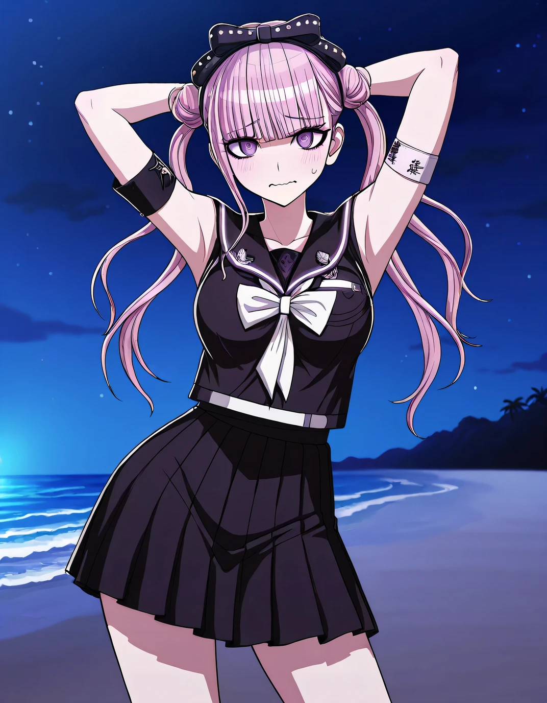 kako, pink hair, purple eyes, twintails, double bun, bow, blunt bangs, black serafuku, black skirt, armband, sleeveless, game screencap, high quality, closed mouth, solo, cowboy shot, night sky, beach, arms behind head, ((contrapposto)), looking at viewer, wavy mouth, shy, best quality,