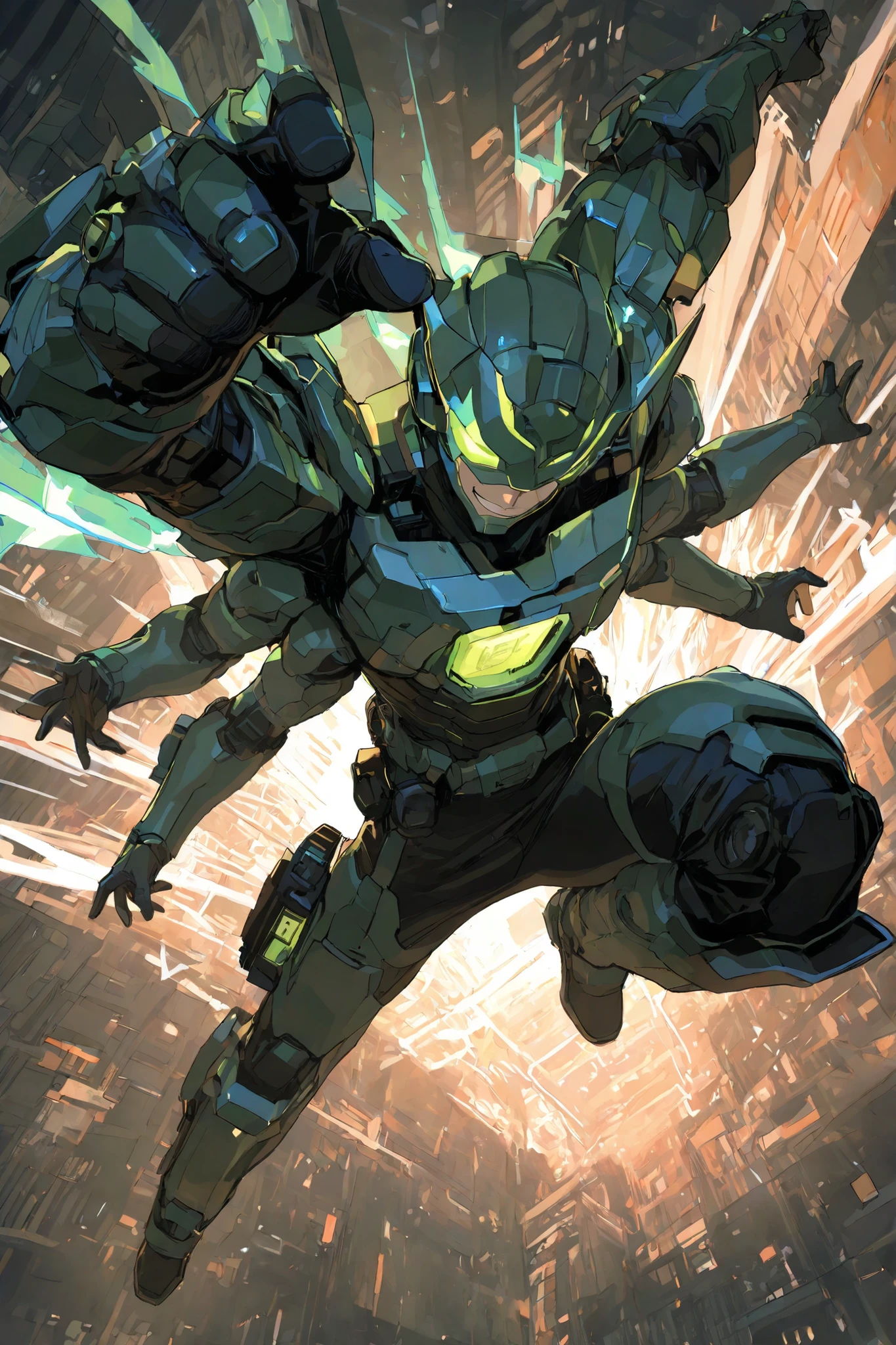 masterpiece, best quality,1 boy,best quality,heroic pose,dynamic angle,dynamic background,high angle shot,like CCTV footage, face clearly visible, character illuminated from within,add machine arms,four arms,smile